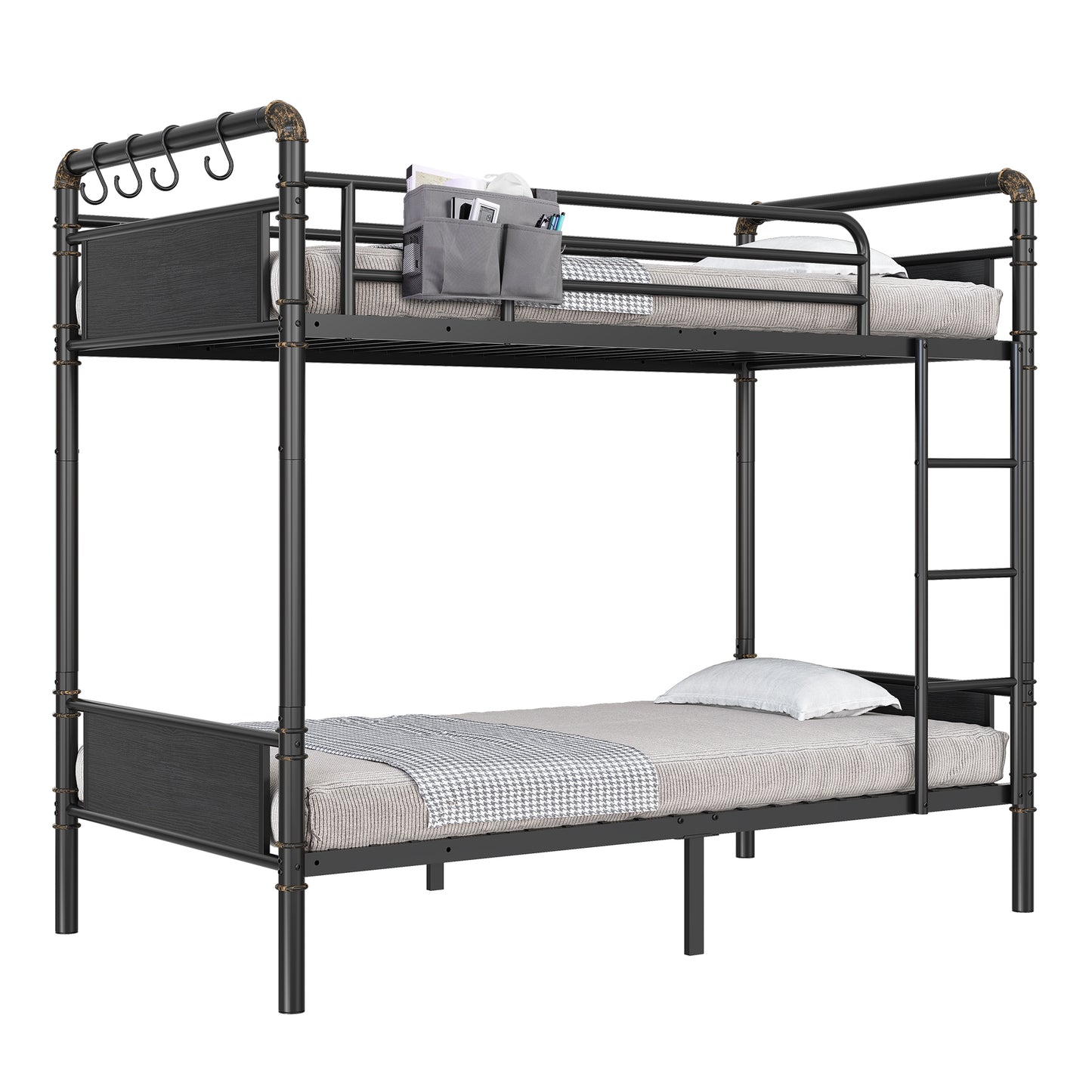 Hijob Metal Twin over Twin Bunk Bed with Storage Bag, 2 Convertible Twin Beds Loft bed and Steel Bed for School, Bedroom, Black Brown