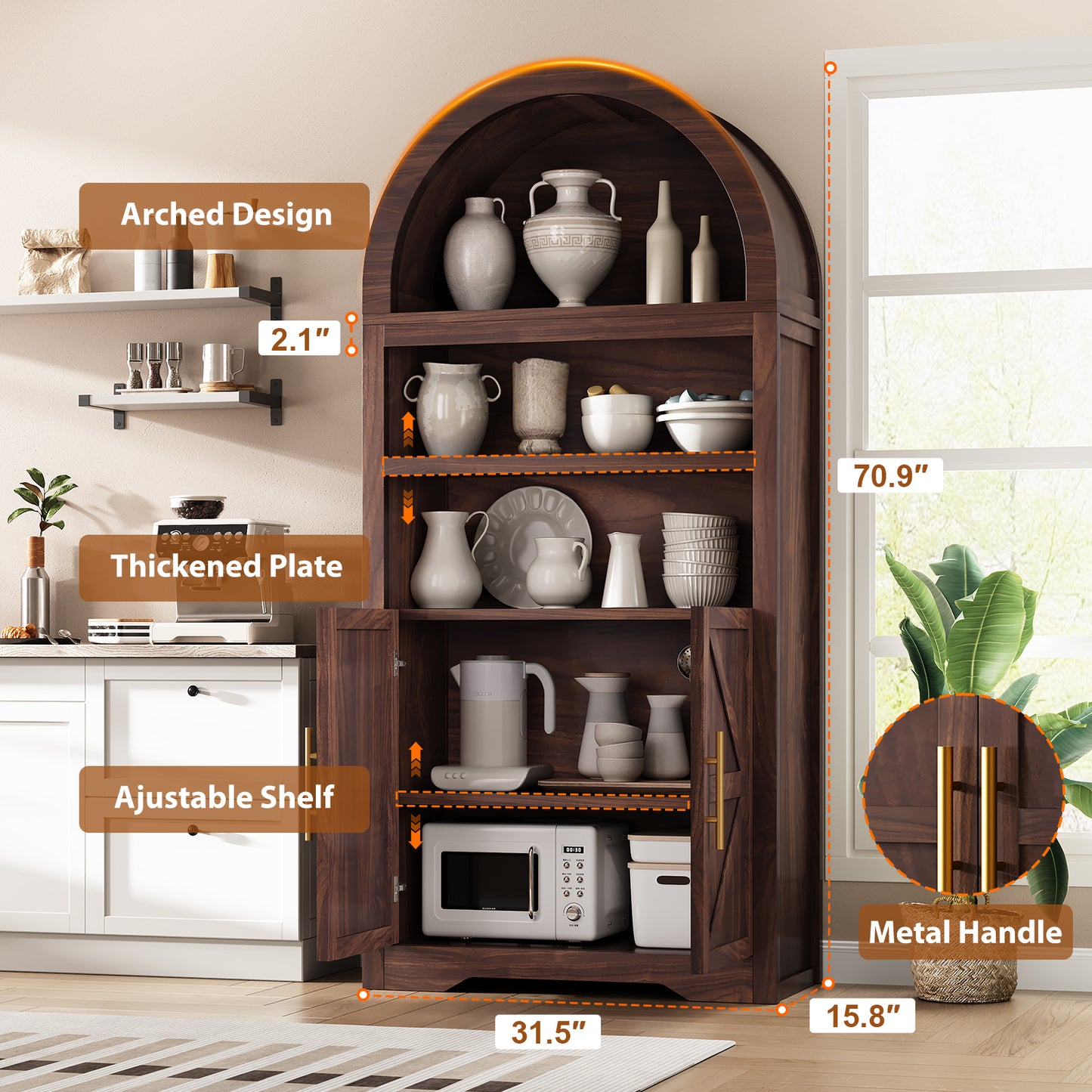 Anyact 71" Arched 5-Tier Farmhouse Bookcase & Kitchen Pantry Cabinet – Wooden Storage for Living Room(Walnut)