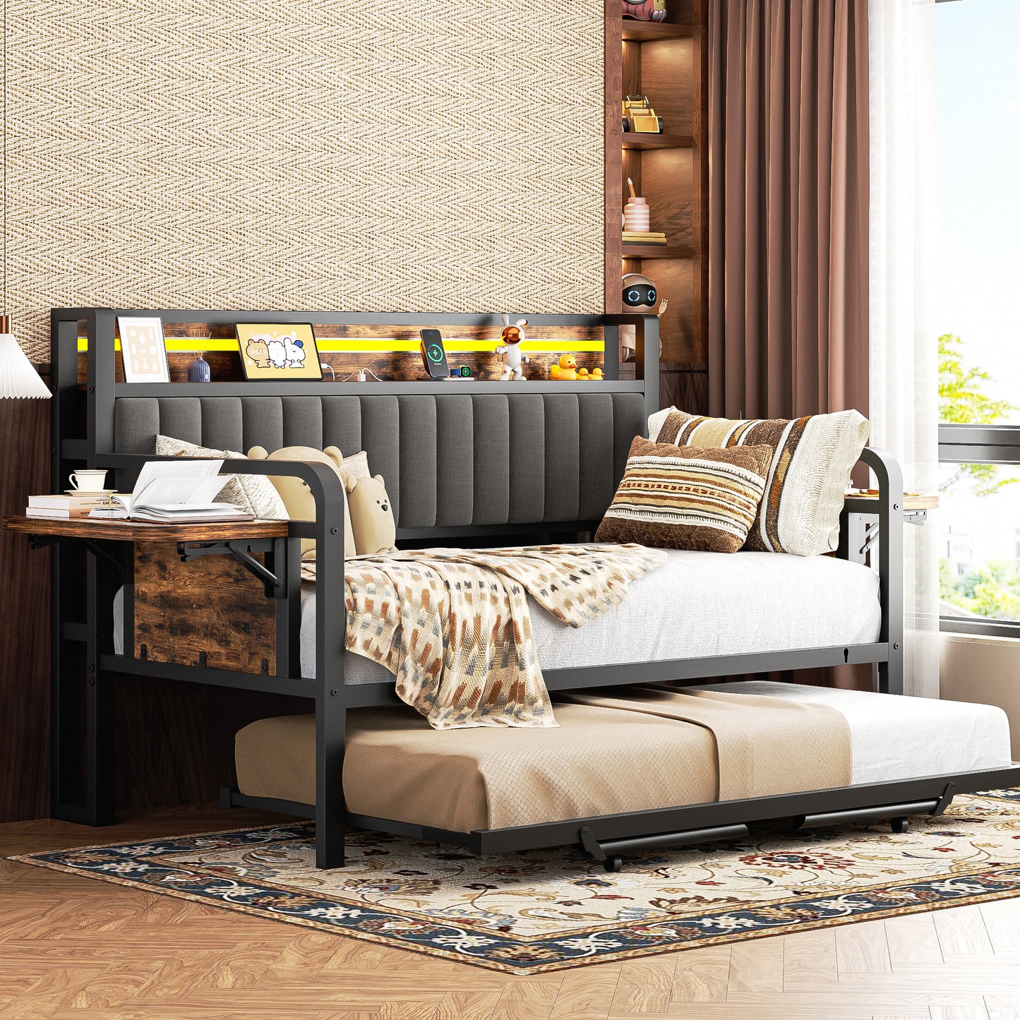 Anyact Daybed with Side Table/Charging Station/Upholstered Storage Headboard/LED Light/Pop-upTrundle, Industrial Heavy Duty Metal Twin Sofa Bed Frame for Guest Living Room/Bedroom,Black&Brown
