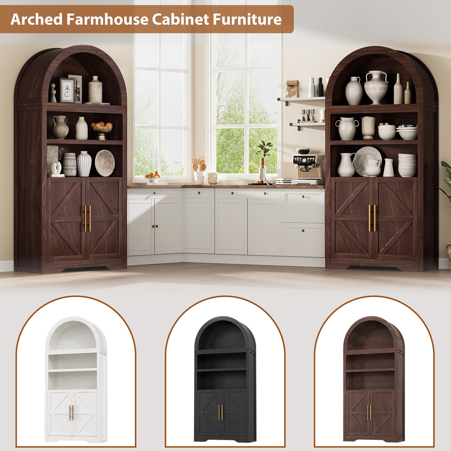 Anyact 71" Arched 5-Tier Farmhouse Bookcase & Kitchen Pantry Cabinet – Wooden Storage for Living Room(Walnut)