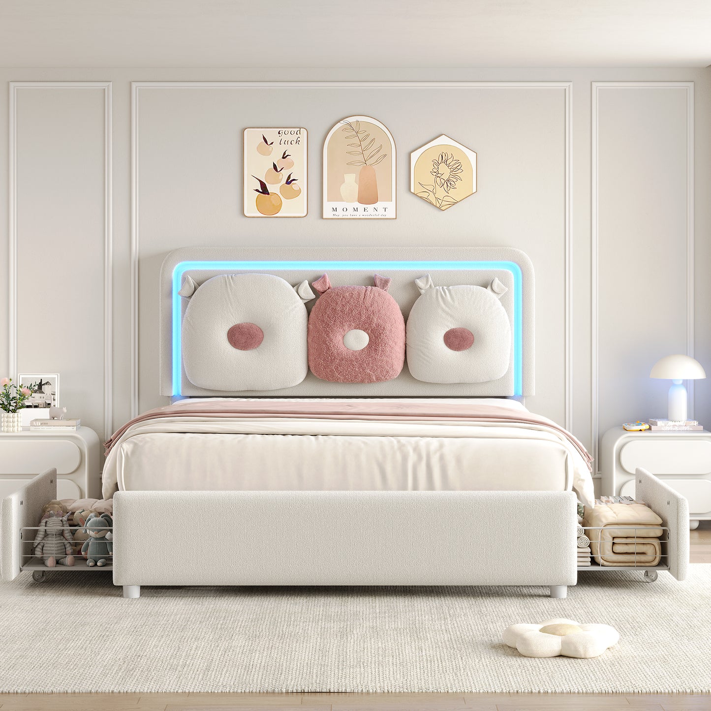 Anyact Full Size Bed Frame with 2 Storage Drawers, Removable Pillow, LED Light Platform Bed with Teddy Velvet Headboard, Beige