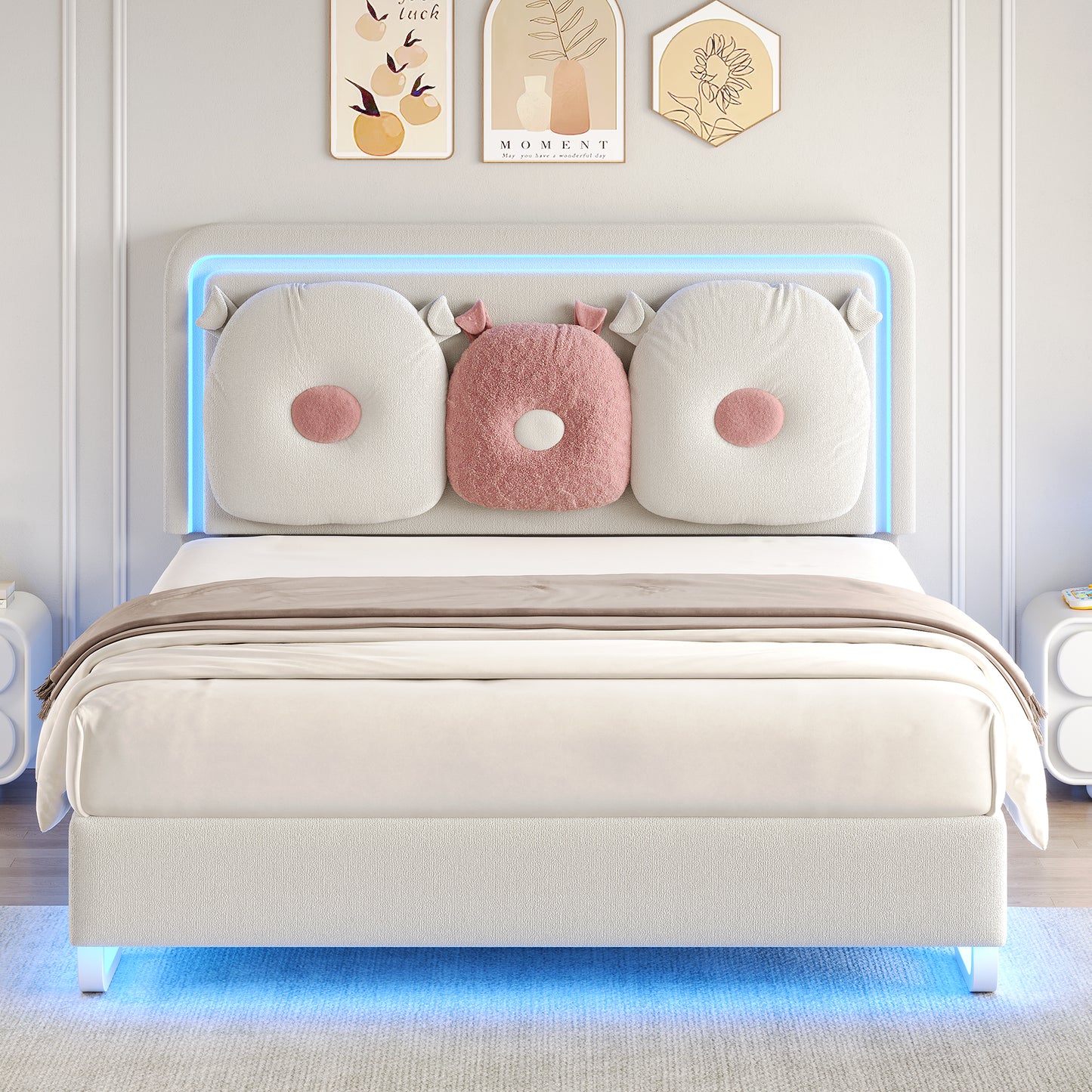Anyact Queen Bed Frame with LED Lights, Height Adjustable Headboard, Floating Platform Bed with Teddy Velvet Removable Pillow for Bedroom, Solid Wood Slats Support, Beige/Pink