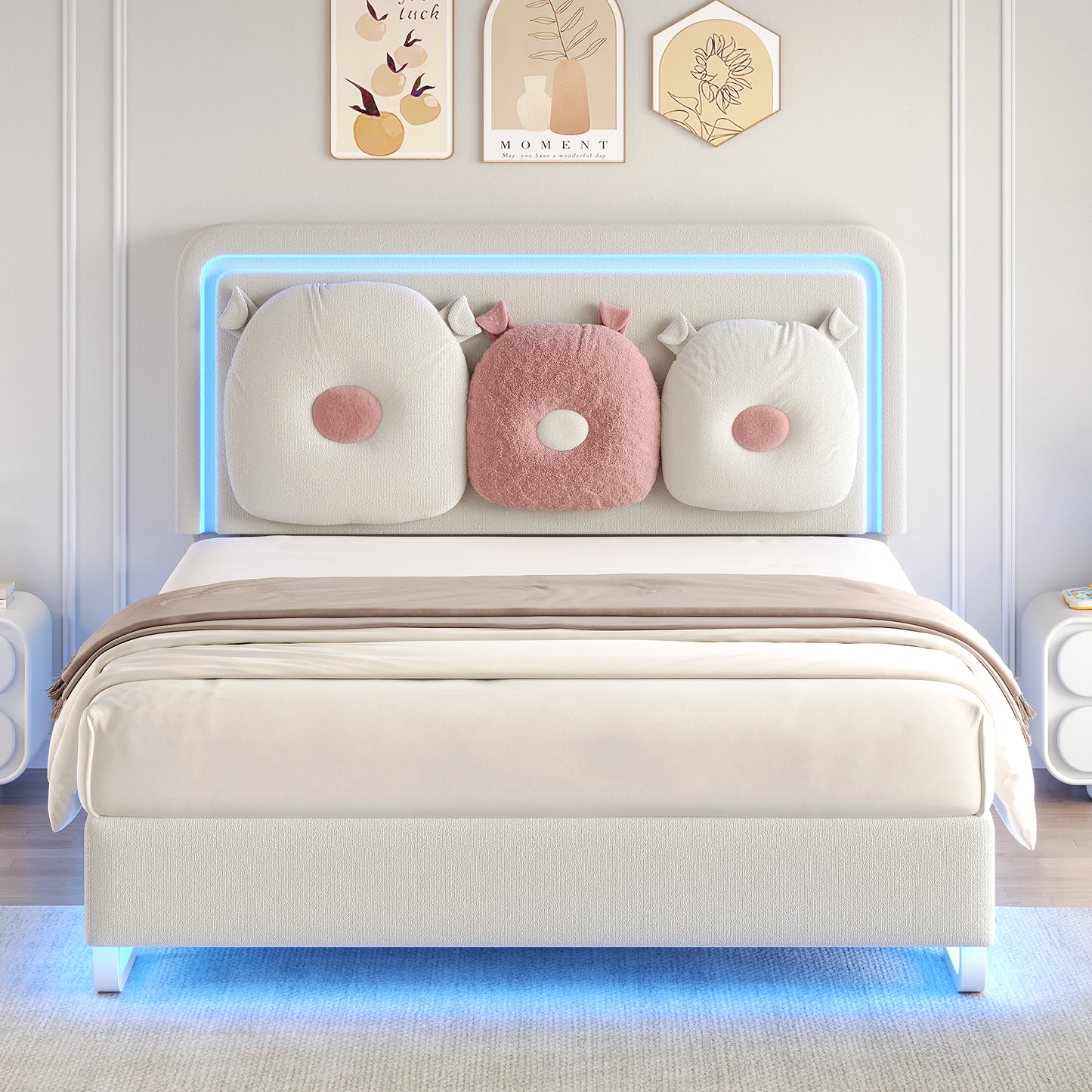 Anyact Full Bed Frame with LED Lights, Height Adjustable Headboard, Floating Platform Bed with Teddy Velvet Removable Pillow for Bedroom, Solid Wood Slats Support, Beige/Pink