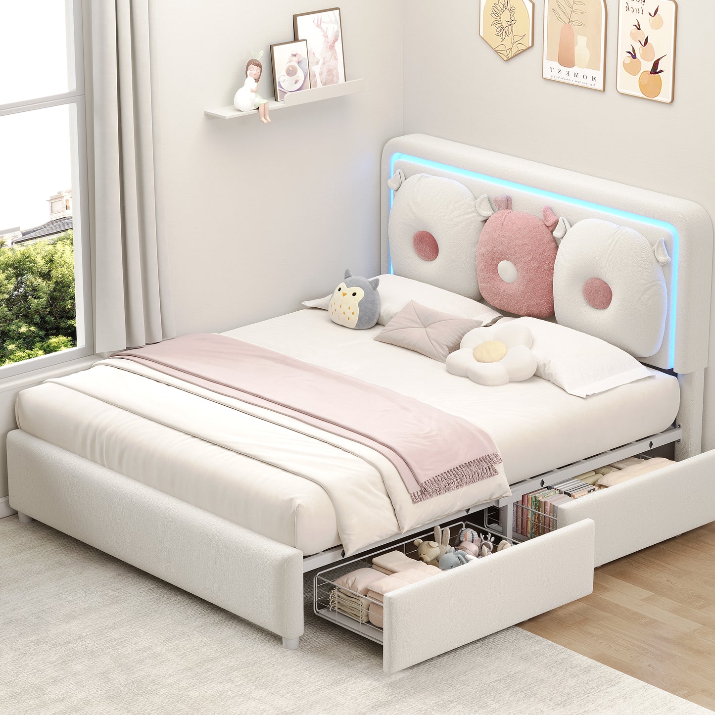 Anyact Queen Size Bed Frame with 2 Storage Drawers, Removable Pillow, LED Light Platform Bed with Teddy Velvet Headboard, Beige