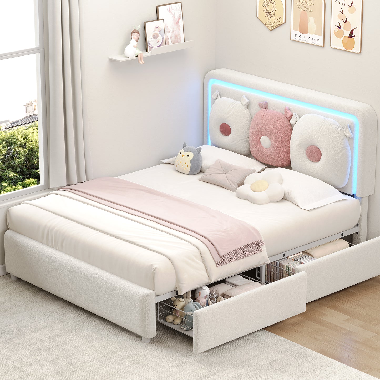 Anyact Full Size Bed Frame with 2 Storage Drawers, Removable Pillow, LED Light Platform Bed with Teddy Velvet Headboard, Beige