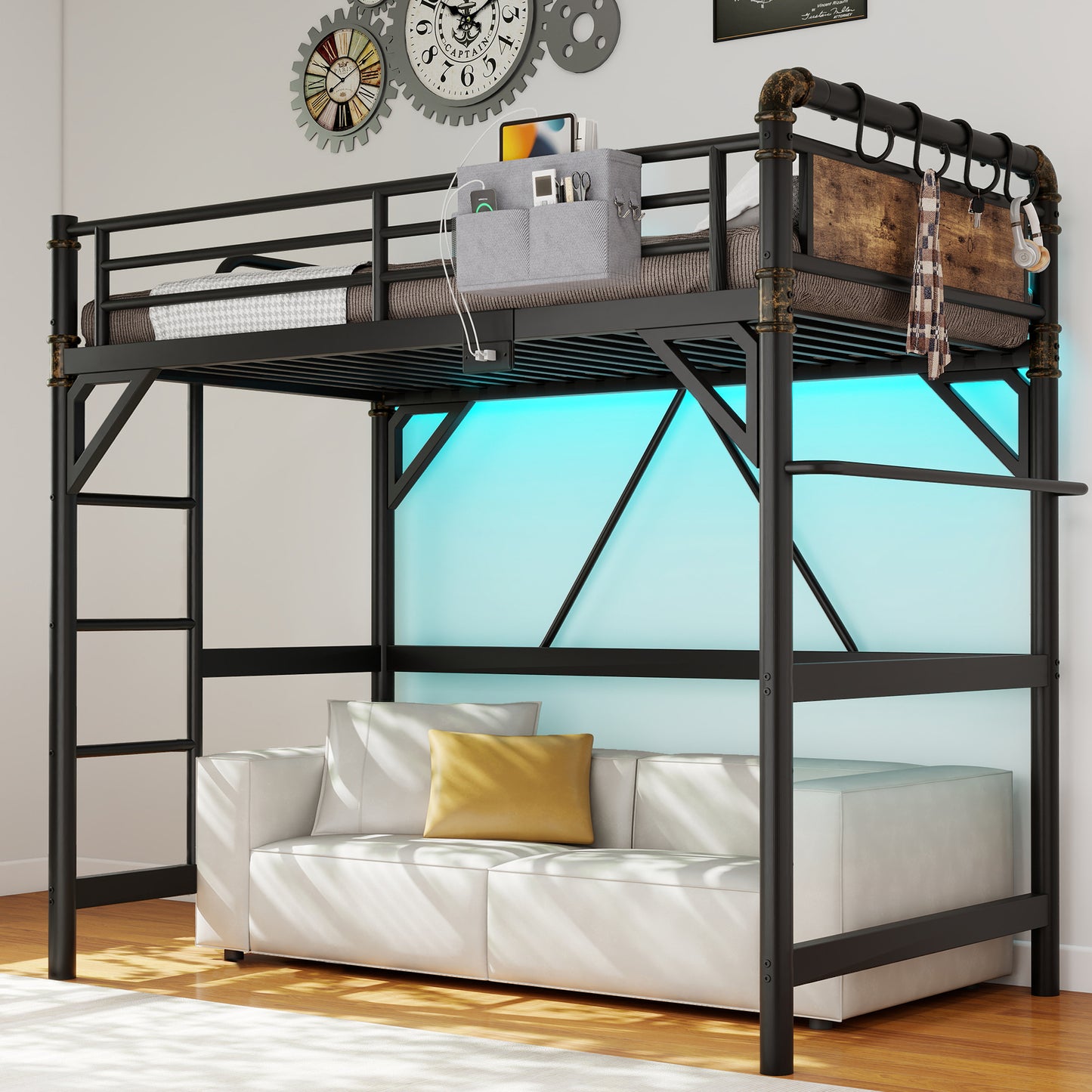 Anyact Twin Size Loft Bed with Removable Charging Station, LED Lights, Industrial Heavy Duty Metal Twin Loft Bed with 3 Fabric Drawers and Safety Guard Rails for Space, Black