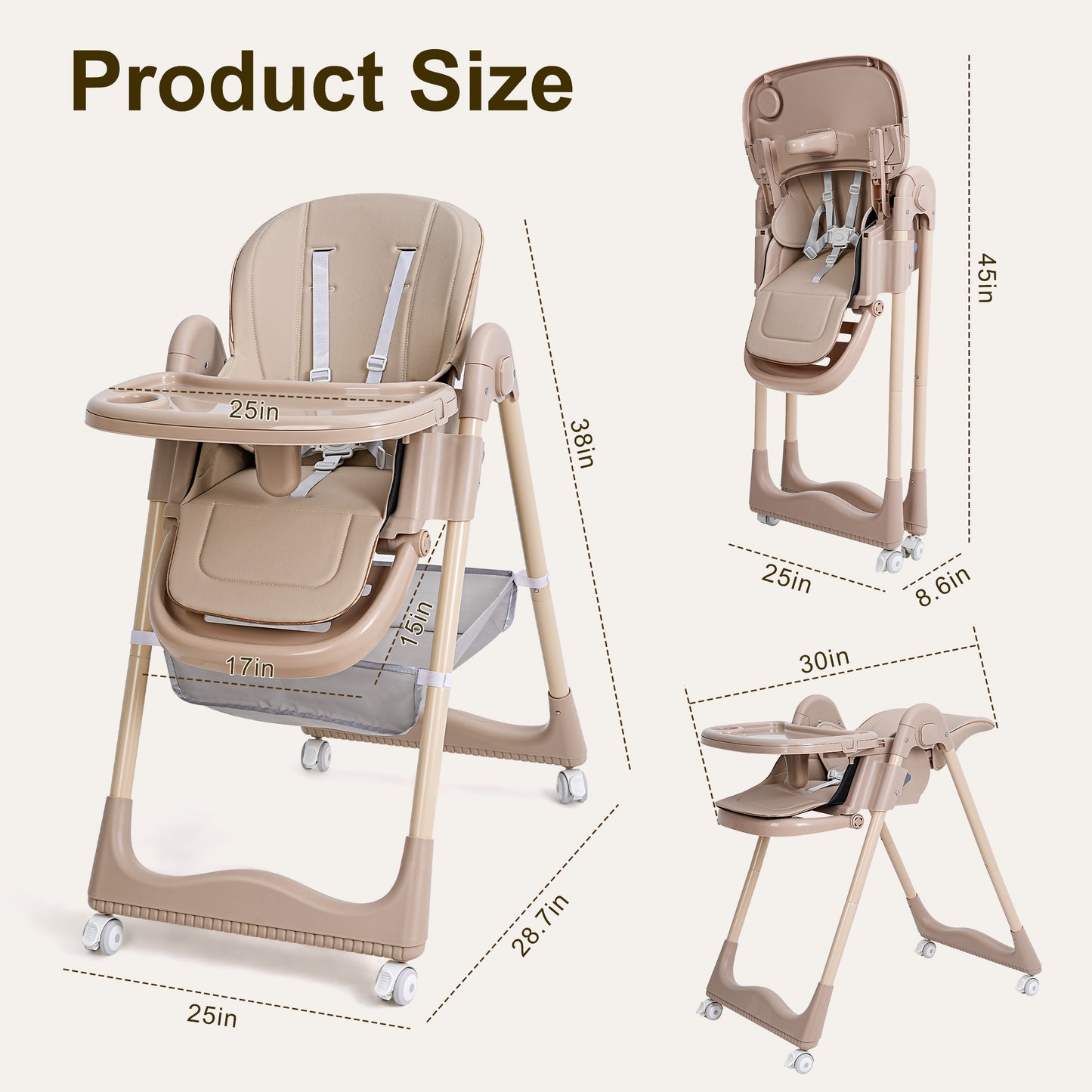 Minikid High Chairs for Babies and Toddlers,3-in-1 Foldable Highchair,Paortable Baby Chair with Wheels,8-Gear Seat Adjustment,2 Removable Dining Trays,Brown