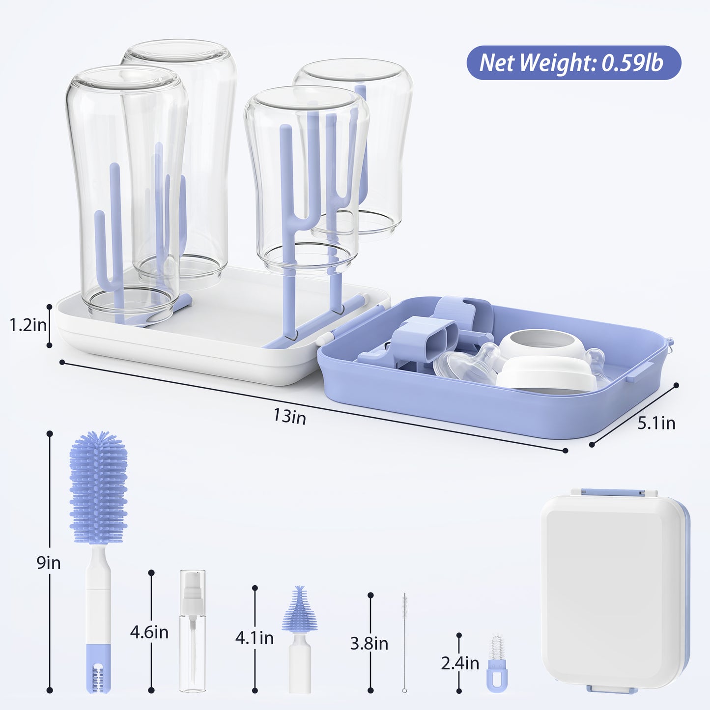 Minikid Baby Bottle Brush Set, 9-in-1 Portable Travel Bottle Cleaning Kit, BPA-free, Compact Travel Baby Essential for Home & On The Go, Blue-Purple