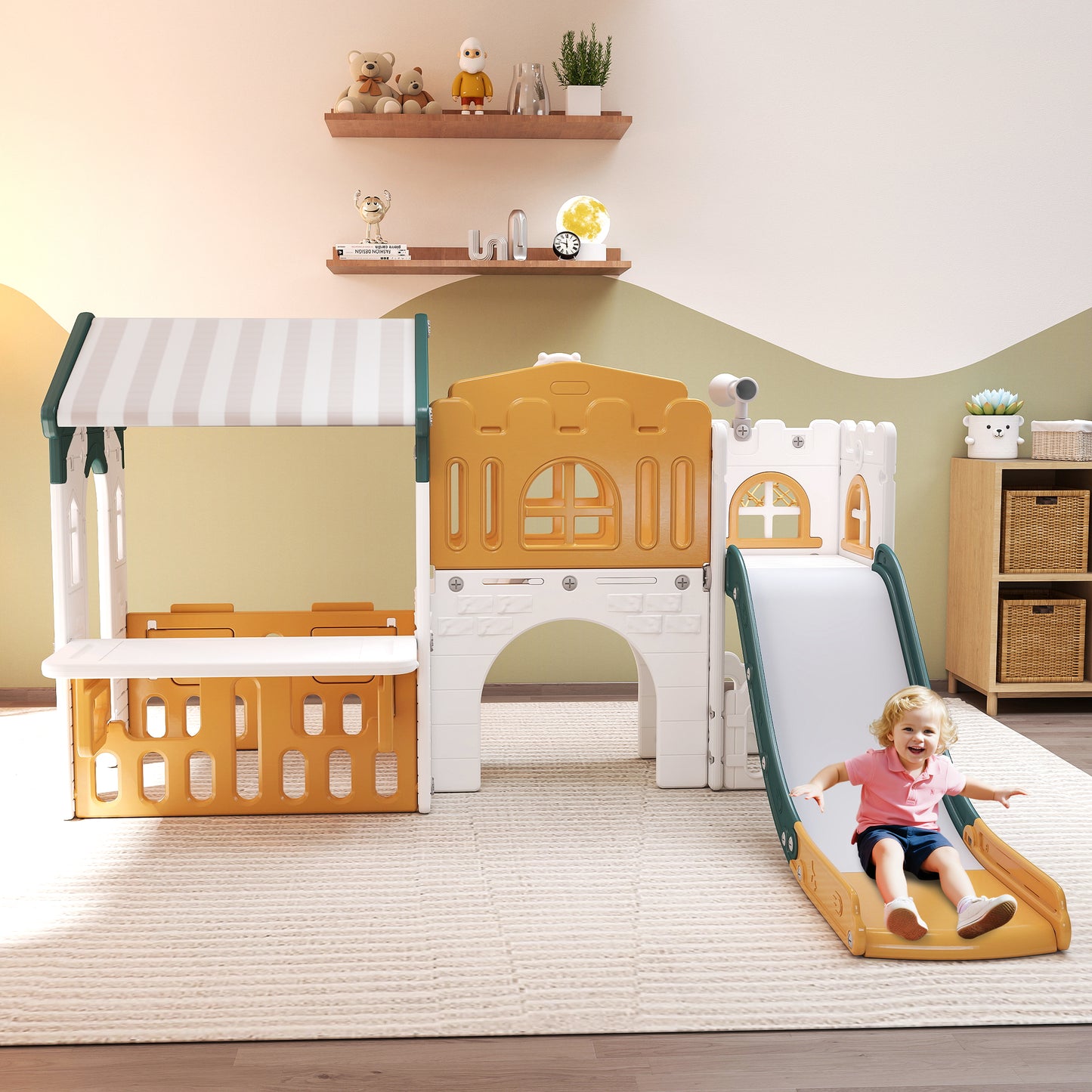 Vipuse Playhouse Playsets with Slide, 9 in 1 Playground Toddler Slide for Indoor Outdoor Backyard,Yellow & Green