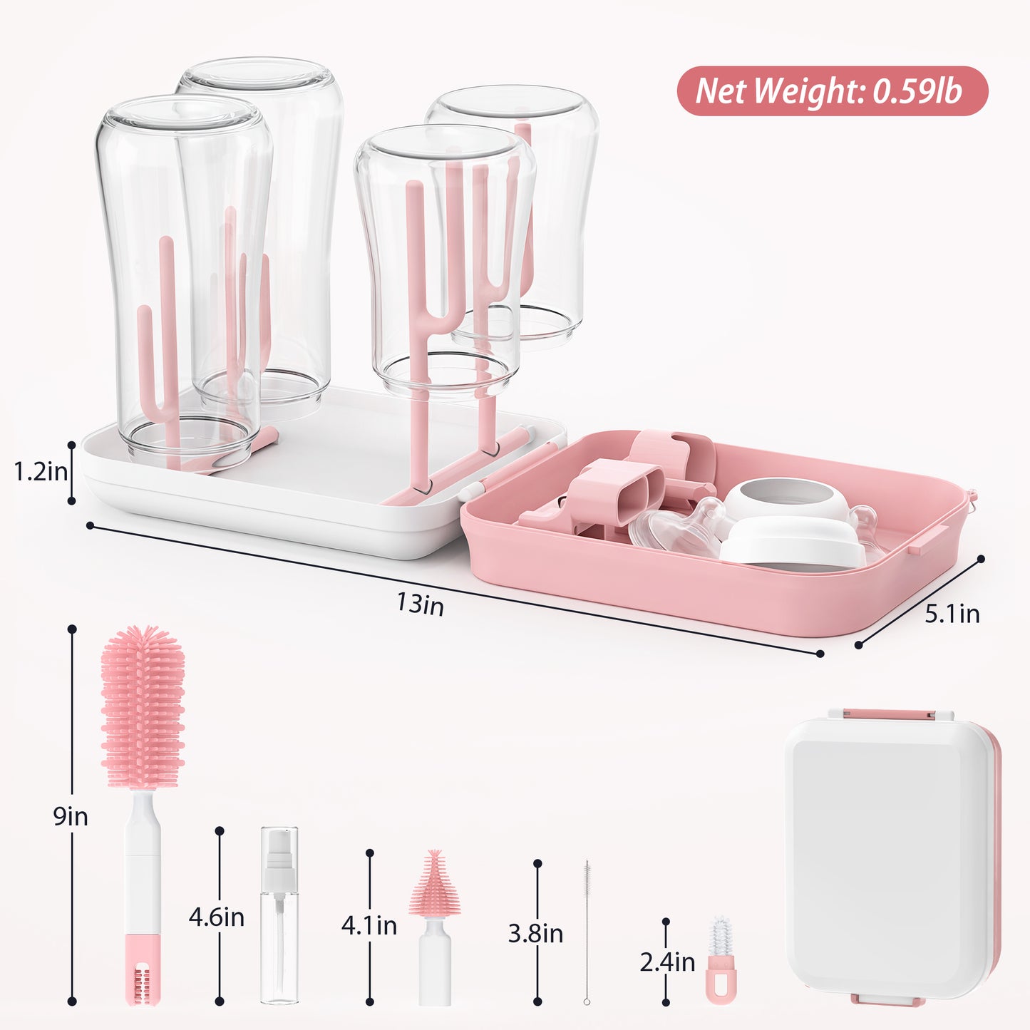 Minikid Baby Bottle Brush Set, 9-in-1 Portable Travel Bottle Cleaning Kit, BPA-free, Compact Travel Baby Essential for Home & On The Go, Pink