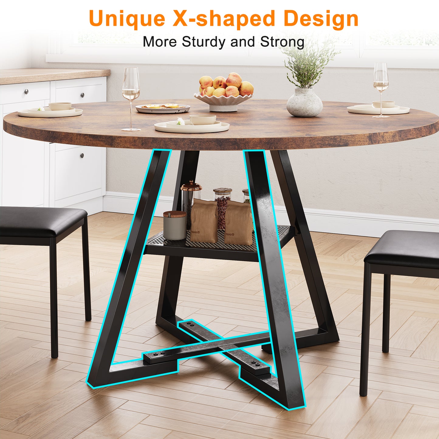 Anyact 47 inch Wood Dining Table for 4, Round Kitchen Dining Table with Storage Shelf for Home Dining Room Living Room, Brown(Only Table)