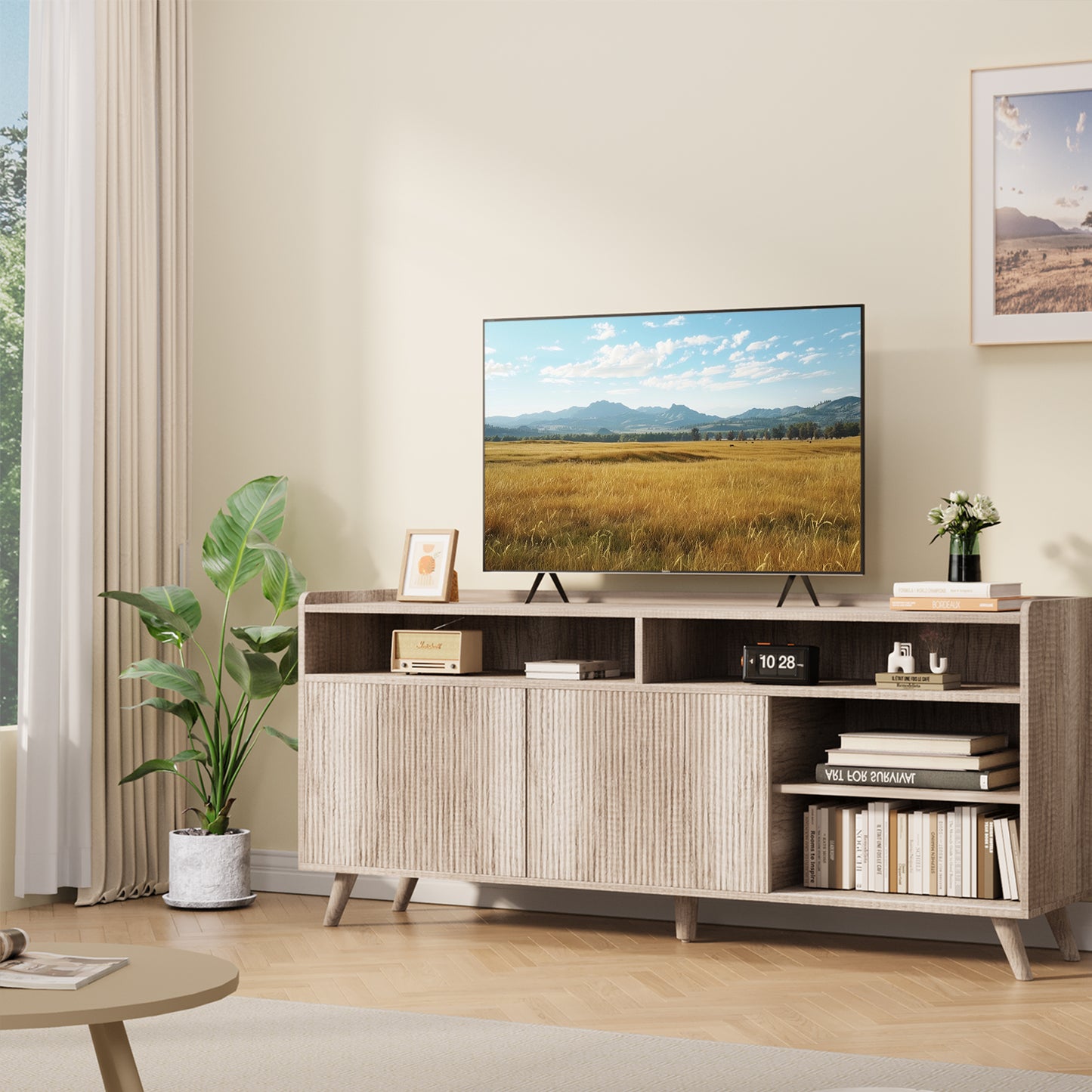Anyact Modern Fluted-Door TV Stand for 55-65 inch TV, Entertainment Center with Storage Cabinets for Living Room(Sunwashed Ash Oak)