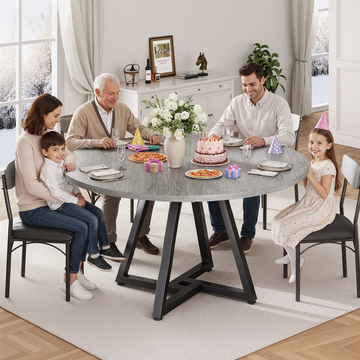 Hijob 42in Round Dining Table for 4, Kitchen Dining Room Circle Dinner Pedestal Table,Kitcen Table Sturdy Wood Kitchen & Dining Room Furniture, Gray(Only table)