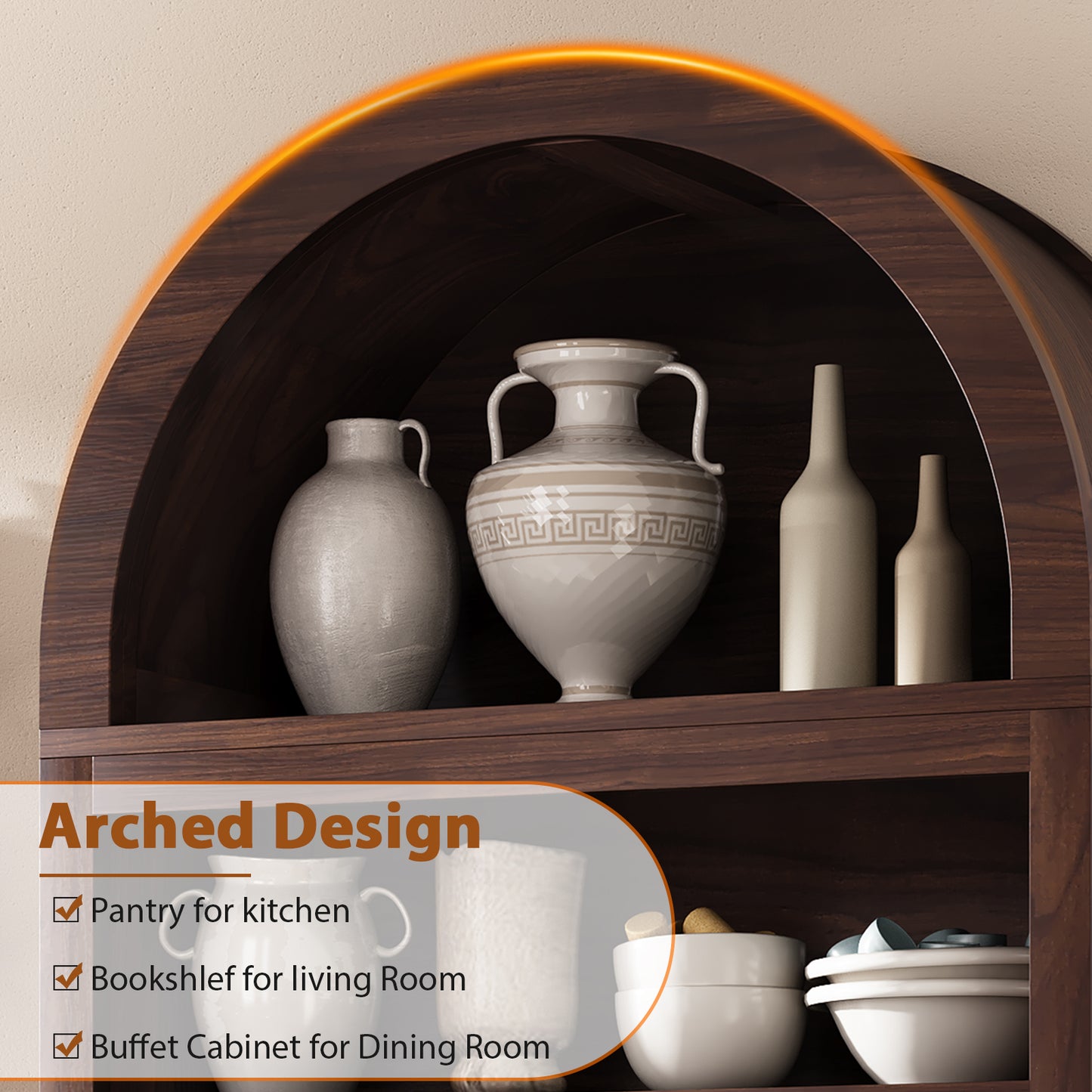 Anyact 71" Arched 5-Tier Farmhouse Bookcase & Kitchen Pantry Cabinet – Wooden Storage for Living Room(Walnut)