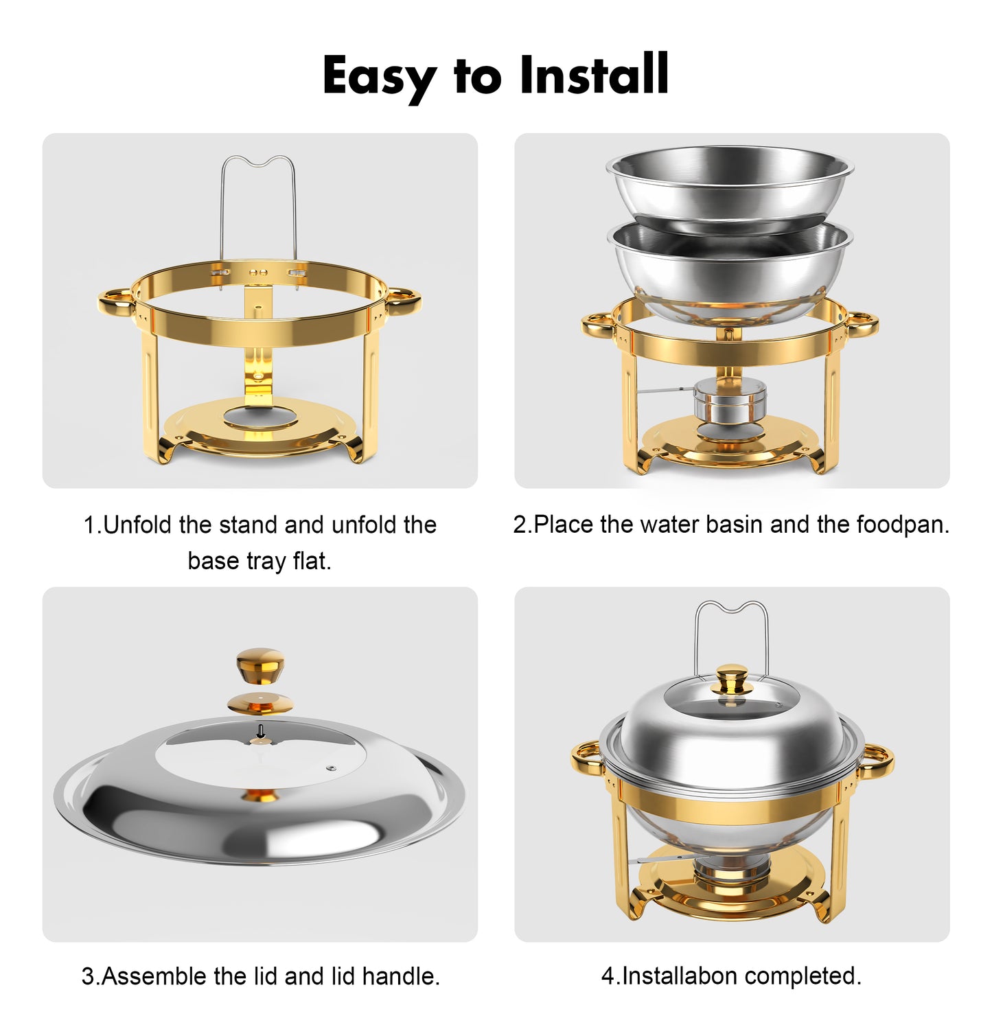 Vipuse Chafing Dishes for Buffet, 4 Pack 5QT Round Stainless Steel Chafing Dish Set for Home Parties, Christmas Gatherings, Catering Events Complete Buffet Warmer Set, Golden