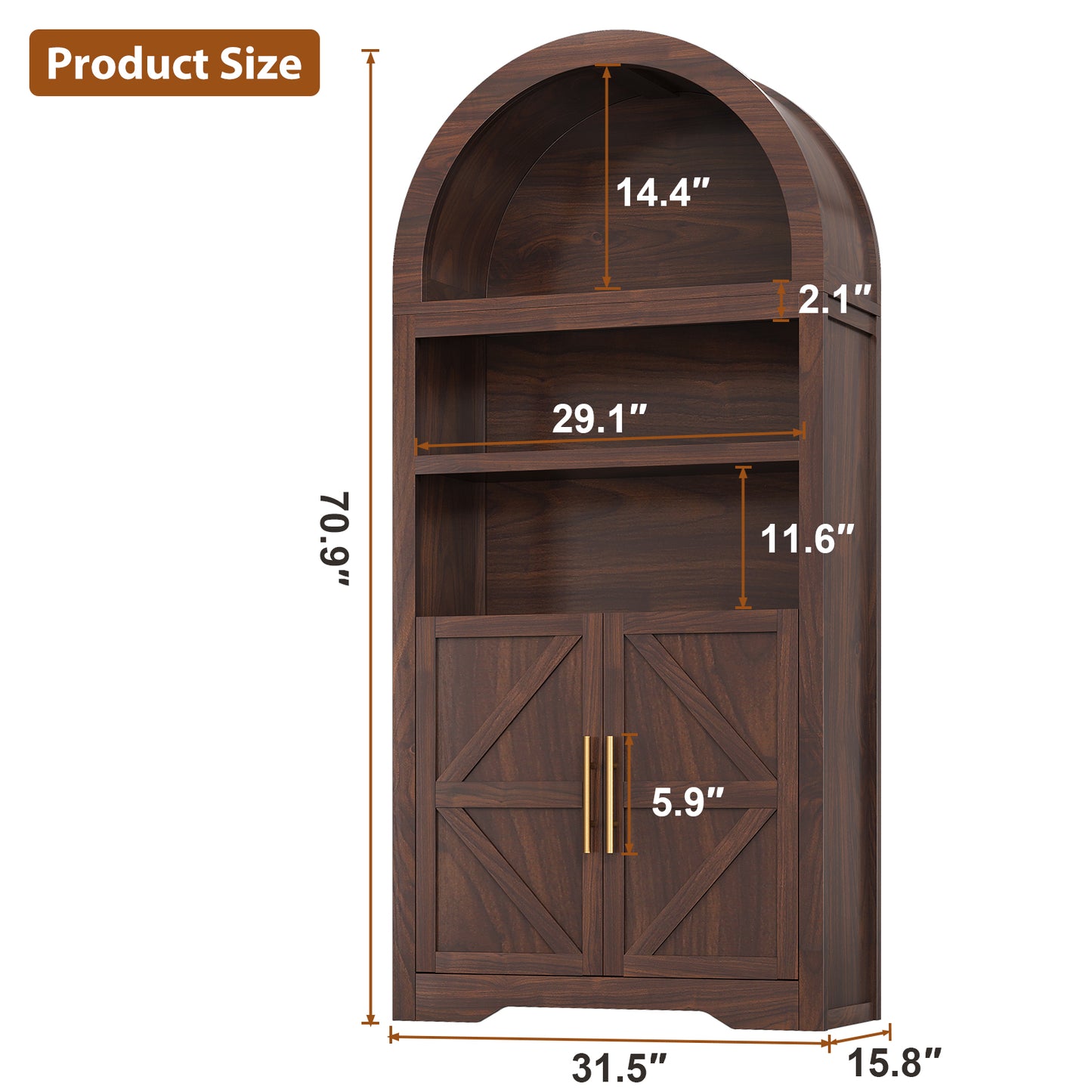 Anyact 71" Arched 5-Tier Farmhouse Bookcase & Kitchen Pantry Cabinet – Wooden Storage for Living Room(Walnut)