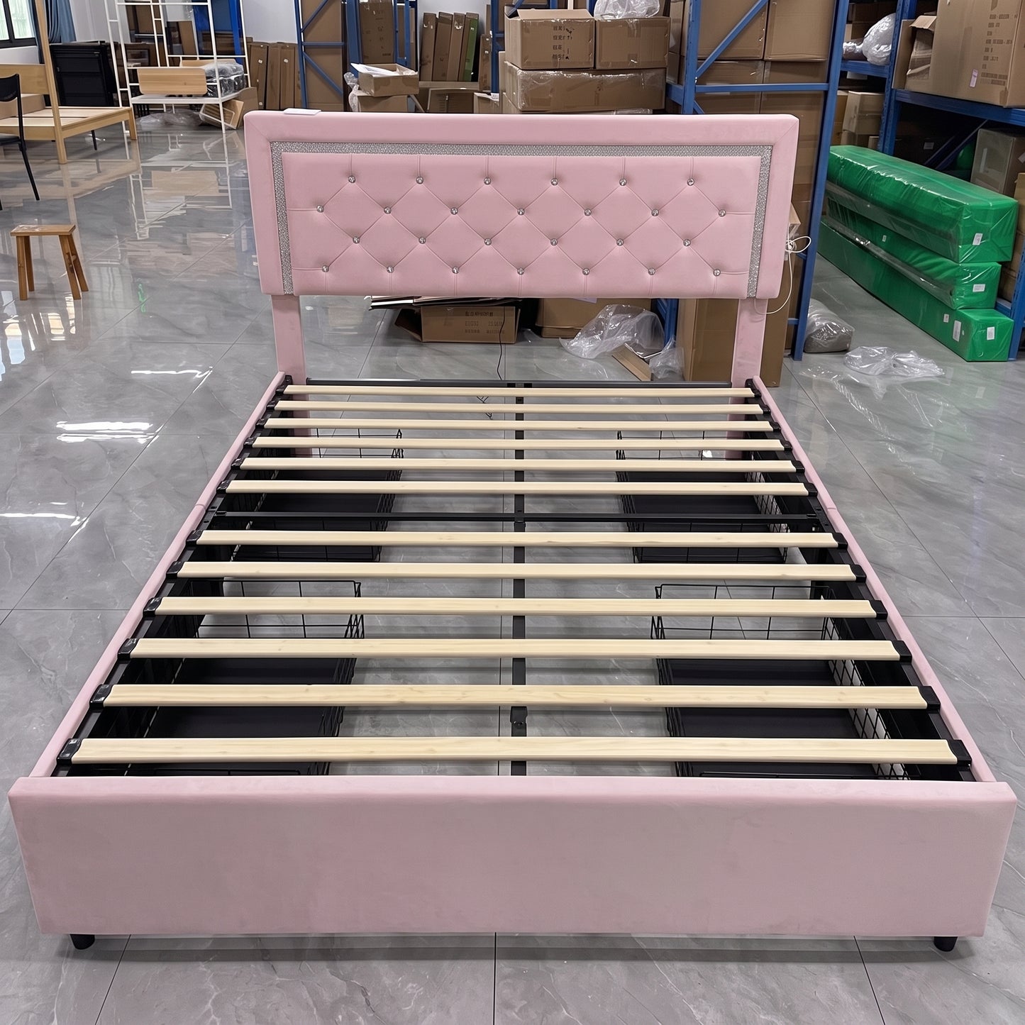 Hijob Full Size LED Bed Frame with Storage Drawers, Velvet Upholstered Platform Bed with Adjustable Headboard, Built in Charging Station, Pink