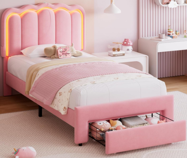 Hijob Twin Size LED Bed Frame with Storage Drawers, Velvet Upholstered Platform Bed with Adjustable Headboard, No Box Spring Needed, Pink