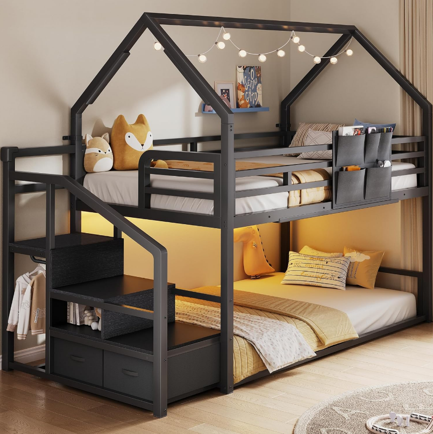 Hijob Low Loft Bed Twin Size, Black Metal Frame Kids Bed with LED Lights, Safety Guardrail & Play Curtain for Under-Bed Fun