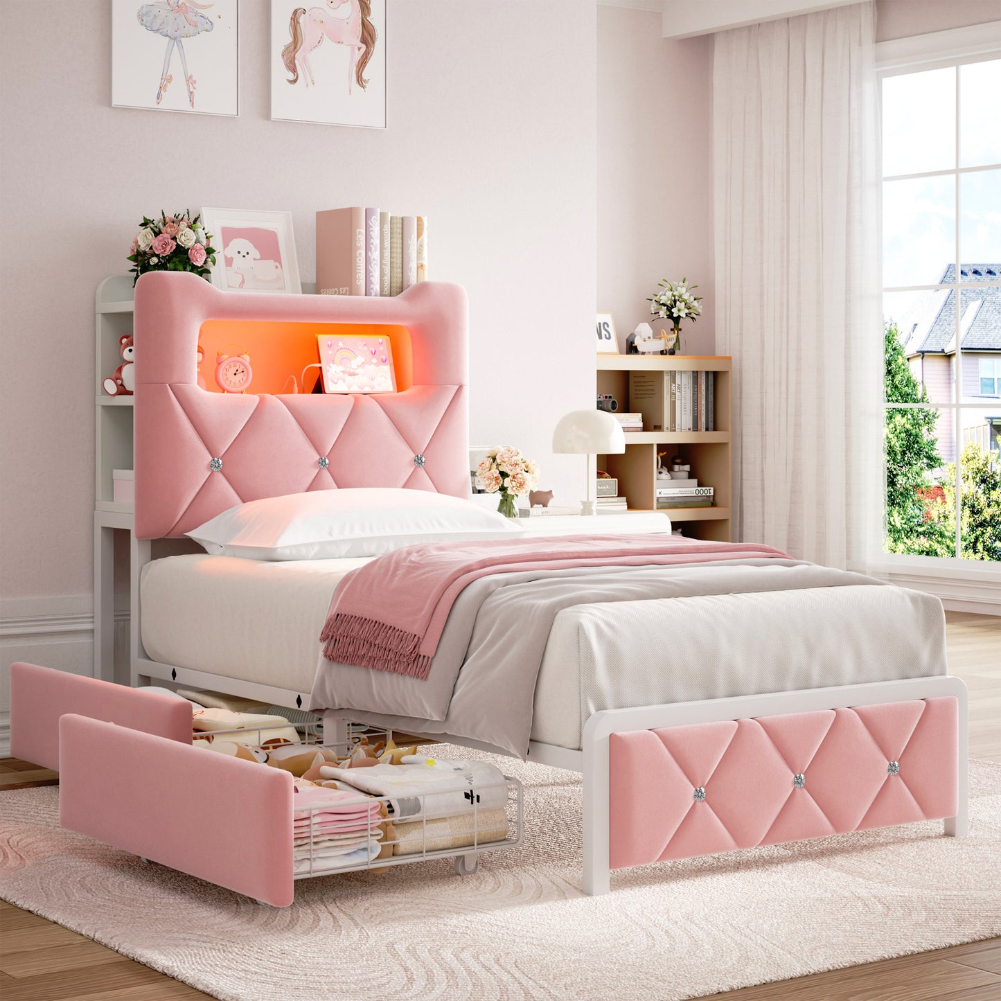 Vipuse Twin Bed Frame with 2-Tier Storage Headboard, Metal Platform Bed Frame with 2 Storage Drawers, Built in Charging Station & LED, Pink