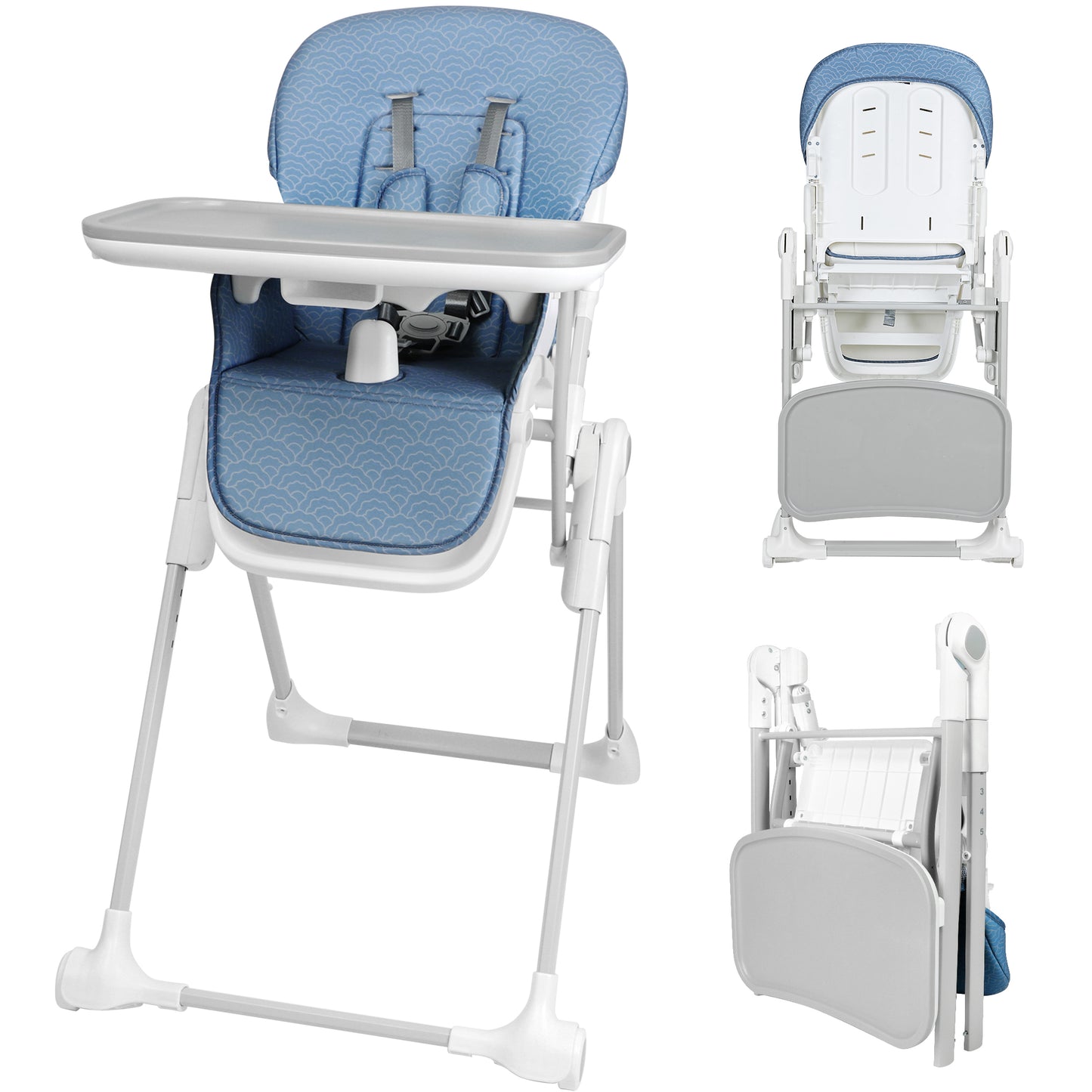 Minikid Portable High Chairs ,Foldable Convertible Baby Highchair with 4 Wheels ,Durable Cotton Seat,Height/Footrest/Backrest Adjustable,and Detachable Dining tray,One-Touch Folding,Blue