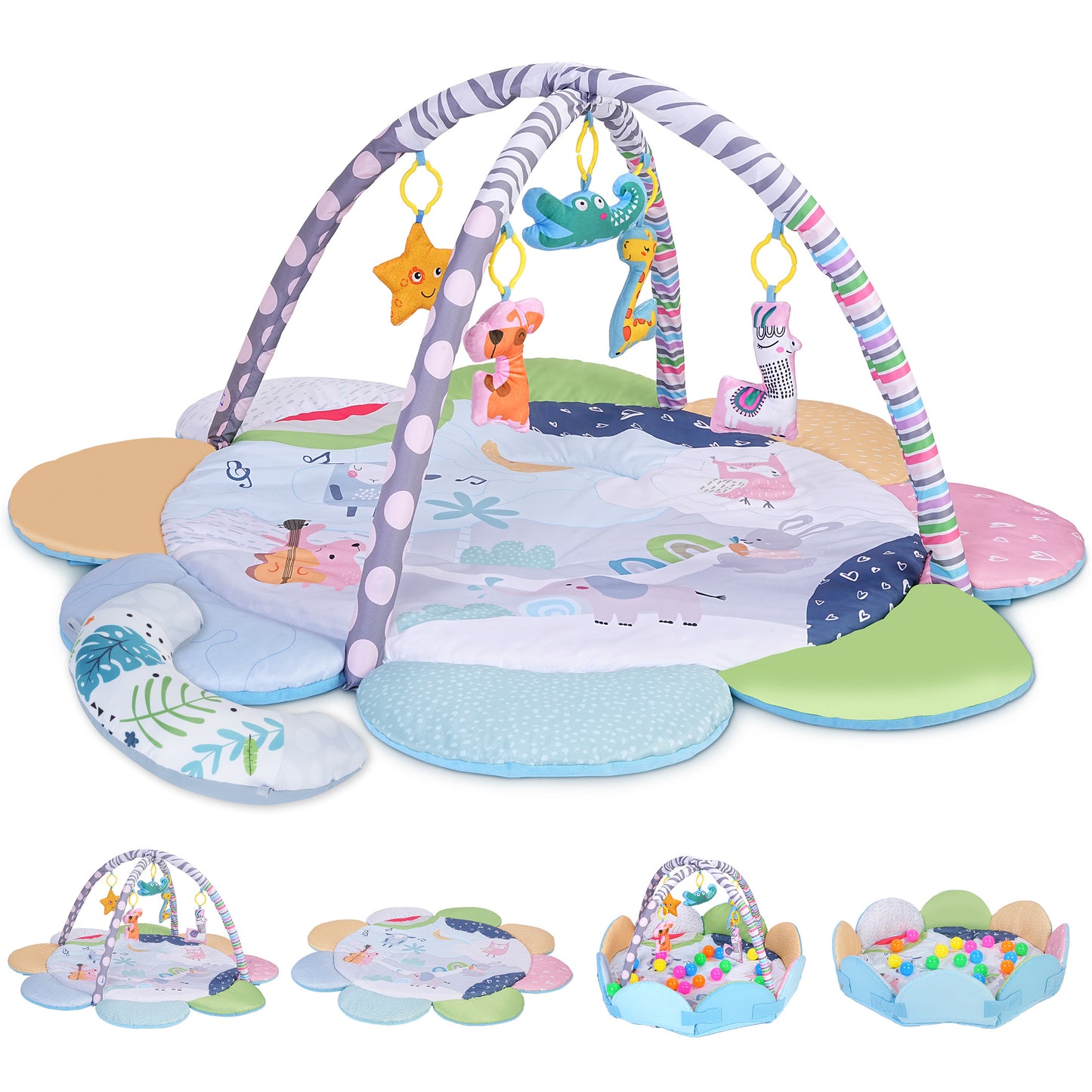 Minikid Baby Play Gym,Baby Tummy Time Activity Mat with 5 Sensory Toys,20 Ocean Balls,Floor Crawling Mat for Early Stage-Based Sensory and Motor Skill Development for Infant
