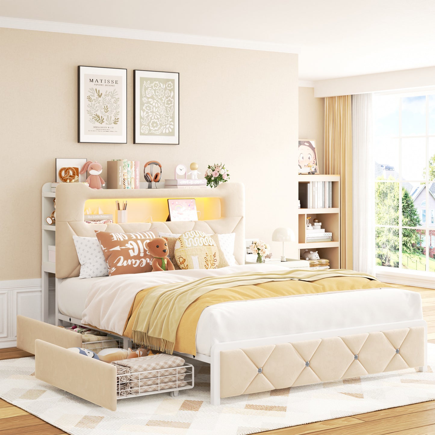 Anyact Full Bed Frame with 2-Tier Storage Headboard, Metal Platform Bed Frame with 2 Storage Drawers, Built in Charging Station & LED, Beige