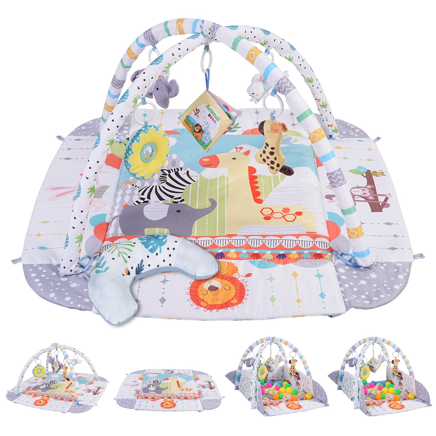 Minikid Baby Play Mat,Infant Floor Play Mat with 5 Sensory Toys,7 Ocean Balls,Baby Gym for Early Stage Based Sensory and Motor Skill Development for Infant