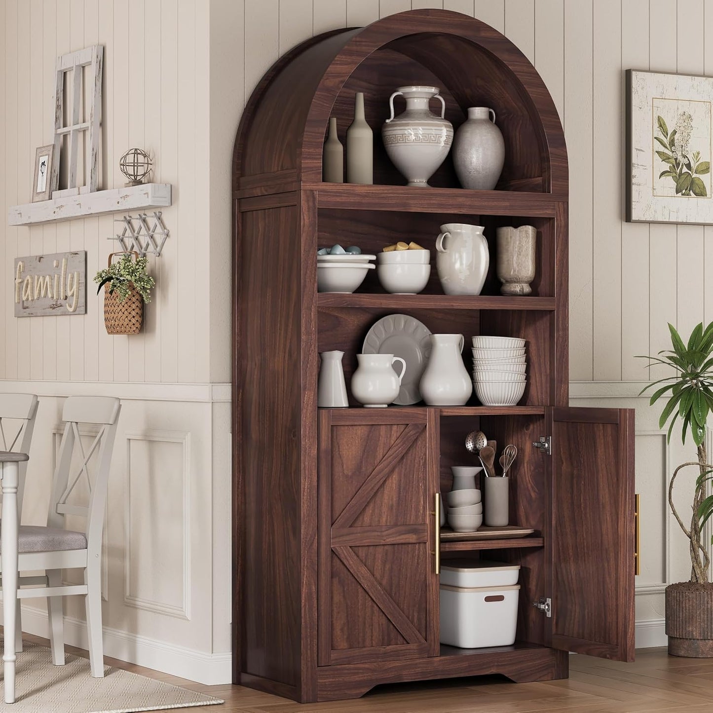 Anyact 71" Arched 5-Tier Farmhouse Bookcase & Kitchen Pantry Cabinet – Wooden Storage for Living Room(Walnut)
