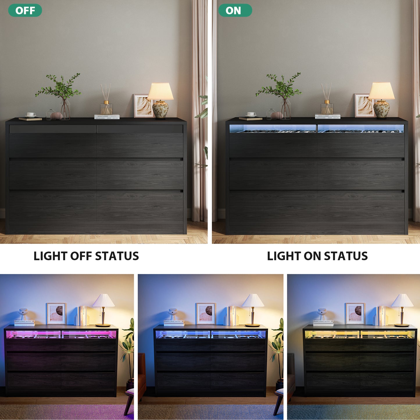 Anyact Modern 6 Drawer Double Dresser with LED Light, Black