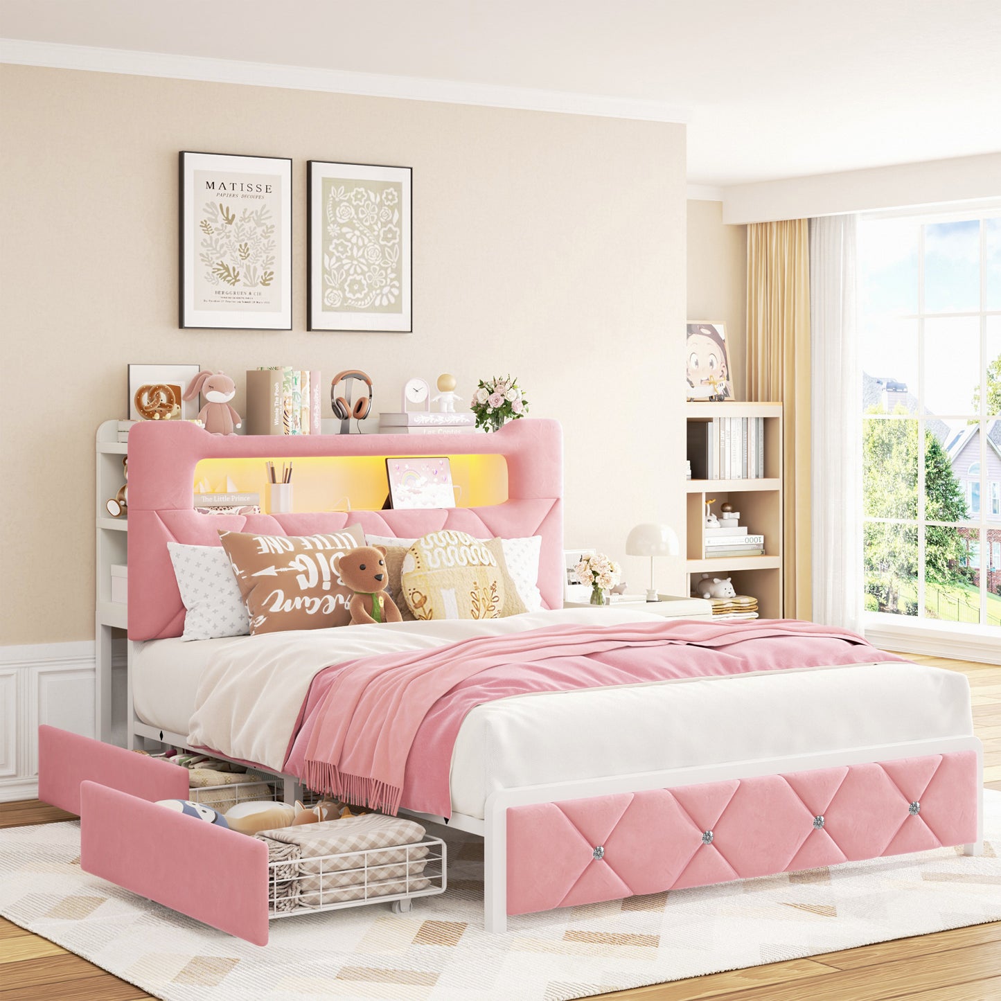 Anyact Full Bed Frame with 2-Tier Storage Headboard, Metal Platform Bed Frame with 2 Storage Drawers, Built in Charging Station & LED, Pink