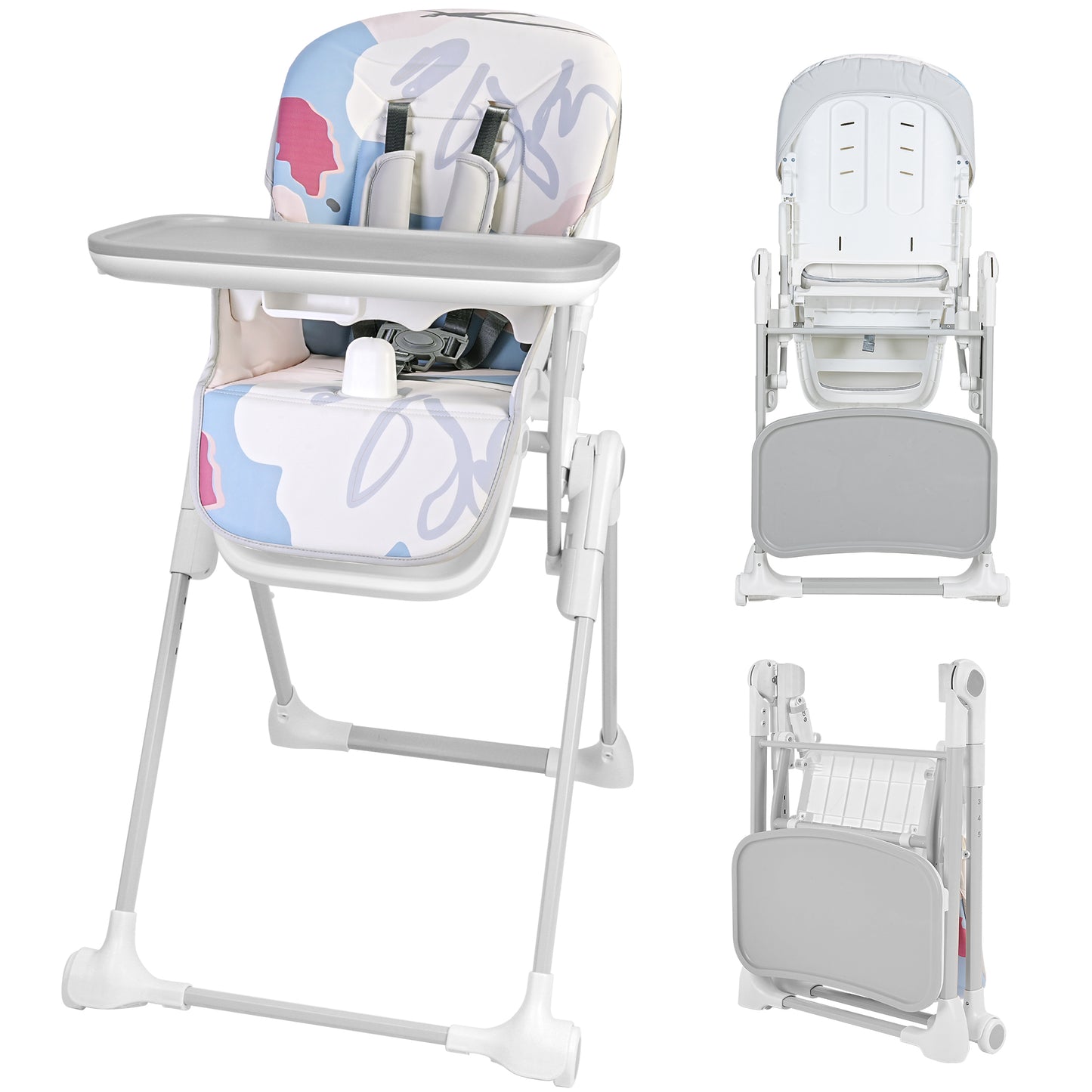 Minikid High Chairs for Babies and Toddlers,Foldable Convertible Baby Seat with 4 Wheels,PU Leather Seat,Height/Footrest/Backrest Adjustable,and Detachable Tray,One-Touch Folding,White