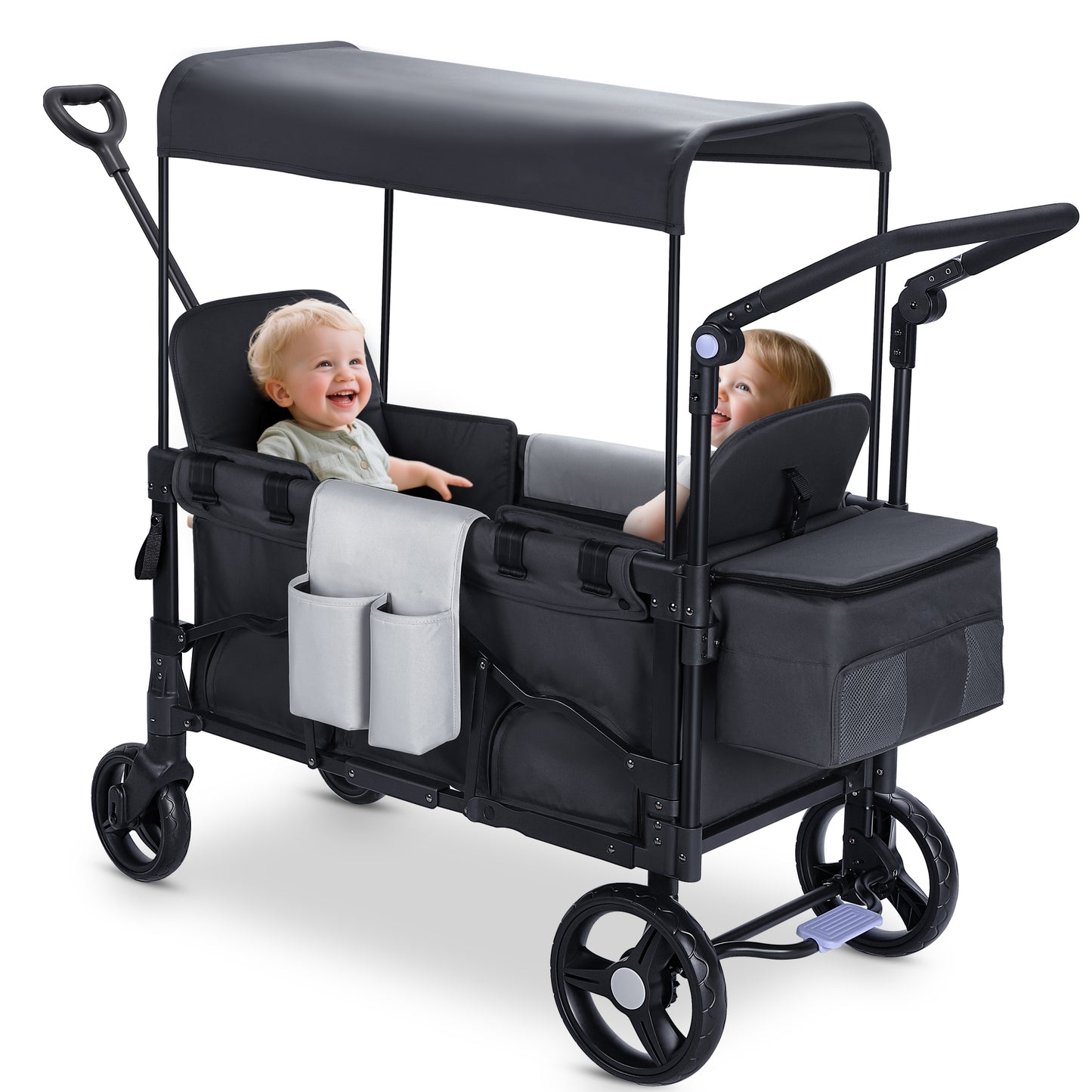 Minikid Stroller Wagon for 2 Kids, Baby Wagon Stroller with Adjustable Handle for Infants and Toddlers Includes Canopy & Organizer, Foldable and Convenient for Storage
