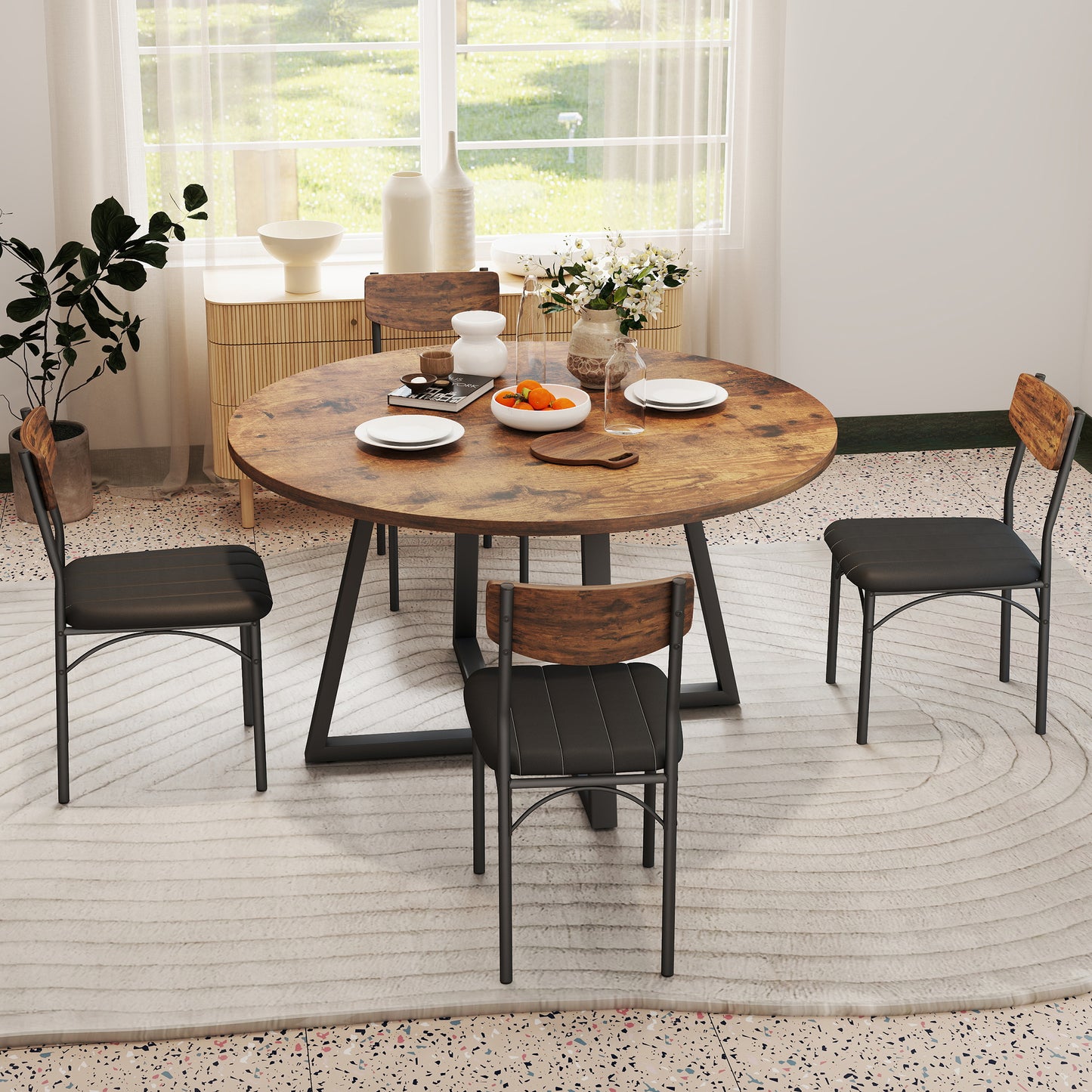 Anyact Dining Chairs Set of 4 with PU Leather, Walnut Bentwood Back and Metal Legs for Dining Room