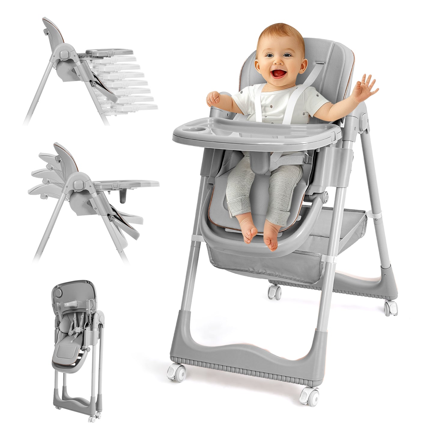Minikid Foldable High Chair for Baby,3-in-1 Portable Feeding Chair,Baby Seat with Wheels,8-Gear Seat Adjustment,2 Removable Dining Trays,Gray