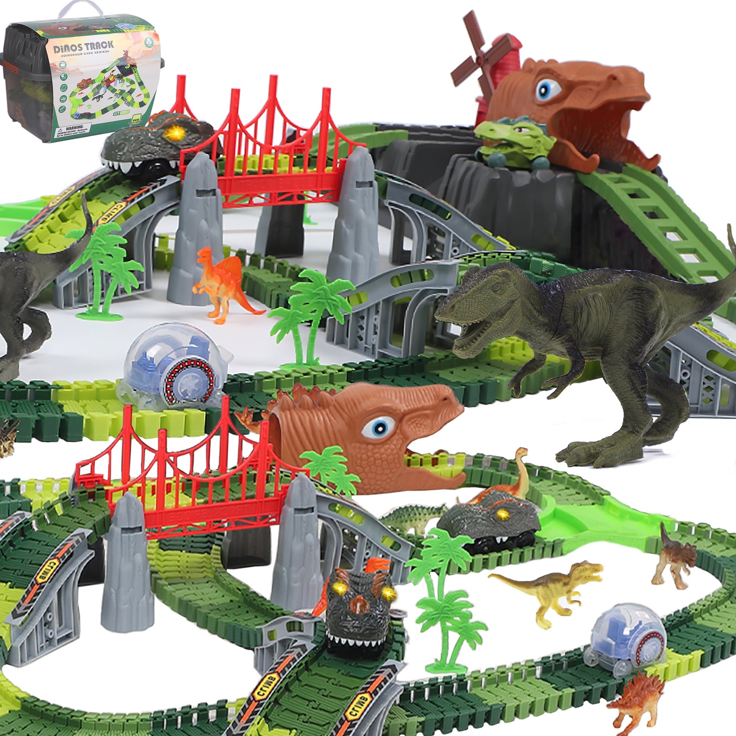 Skyhot Dinosaur Toys, 285 PCS Dinosaur Track Create A Dinosaur World Road Race Tracks, Flexible Track Playset, 2pcs Dinosaur Car for 3+ Year Old Boys Girls Birthday Party Favor Gift
