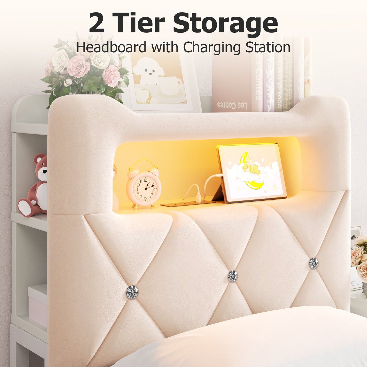 Anyact Twin Bed Frame with 2-Tier Storage Headboard, Metal Platform Bed Frame with 2 Storage Drawers, Built in Charging Station & LED, Beige