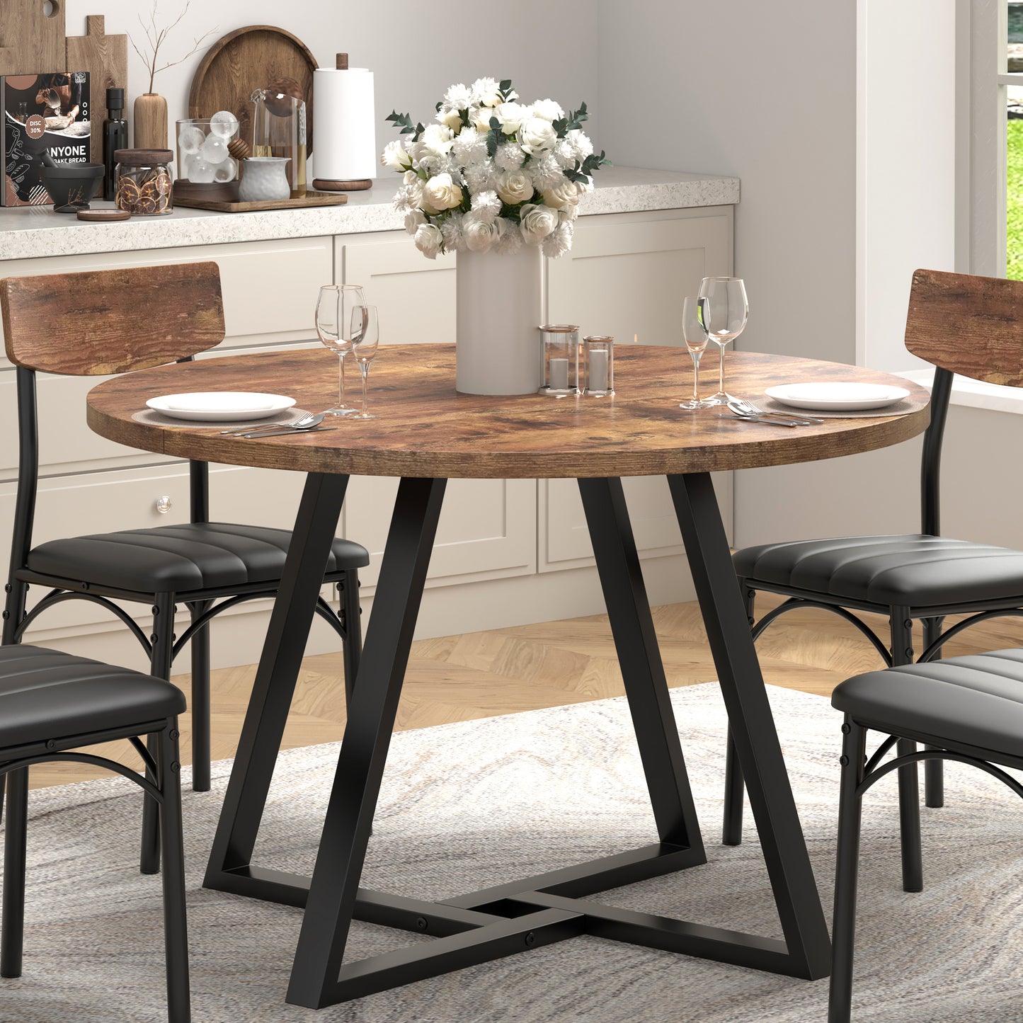 Anyact Round Dining Table for 4, Mid-Century Circle Table with Wood Grain Tabletop, Metal Legs for Home Dining Room, 42 IN