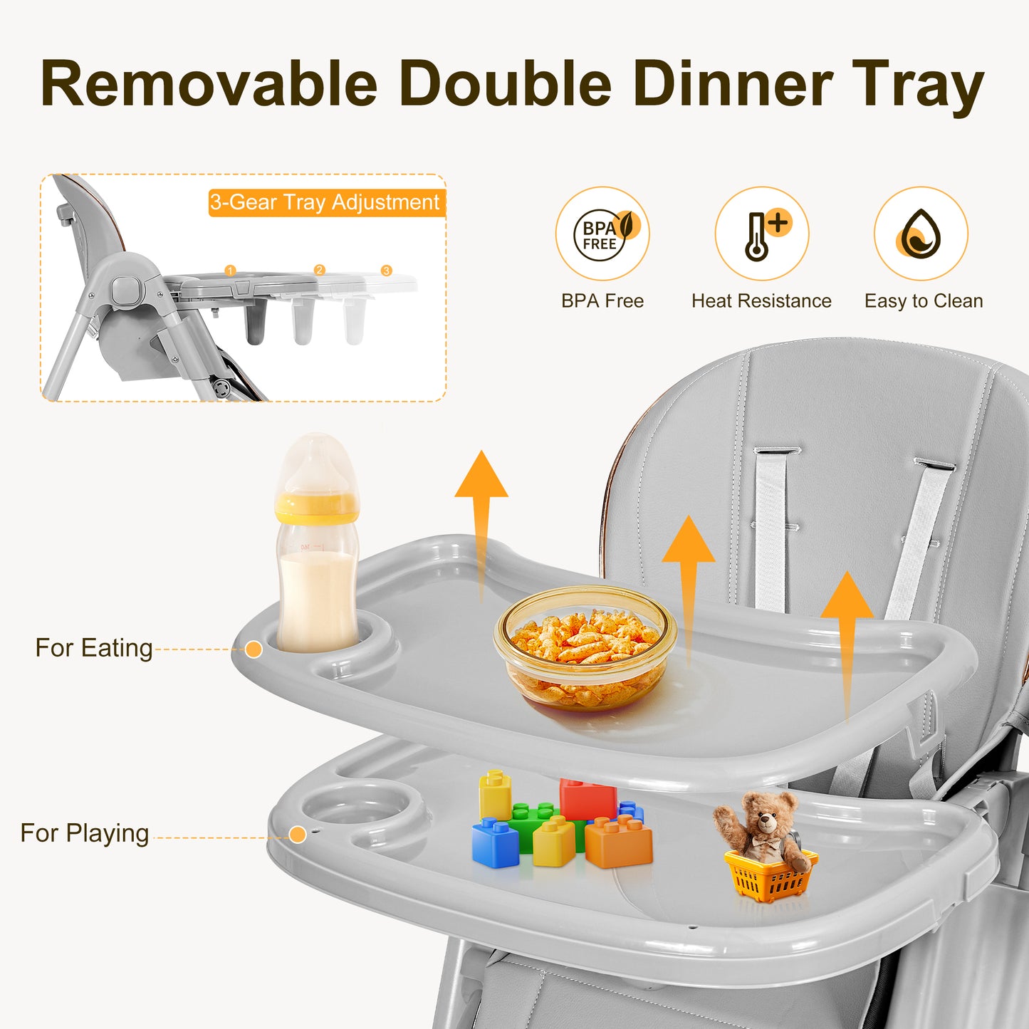 Minikid Foldable High Chair for Baby,3-in-1 Portable Feeding Chair,Baby Seat with Wheels,8-Gear Seat Adjustment,2 Removable Dining Trays,Gray