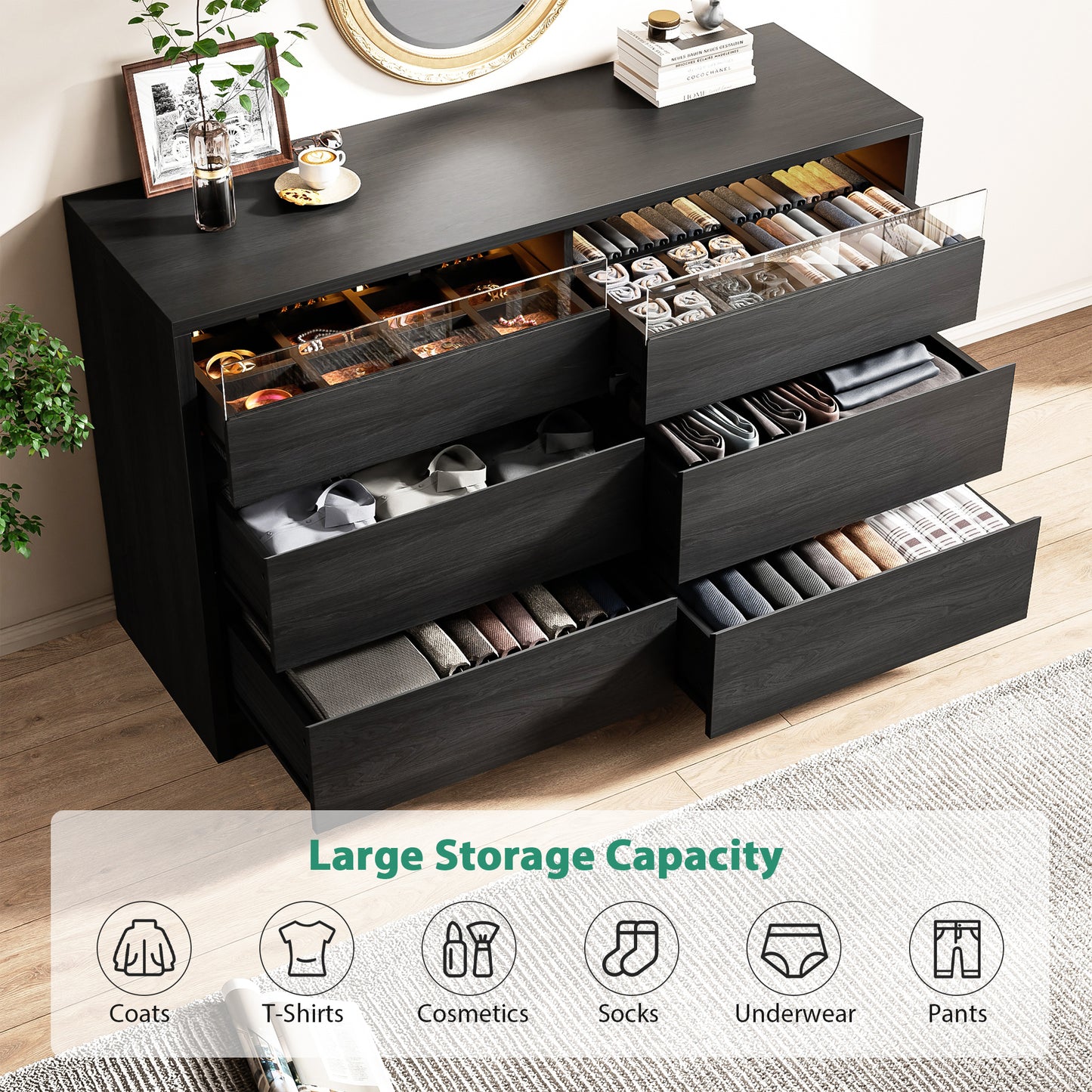 Anyact Modern 6 Drawer Double Dresser with LED Light, Black