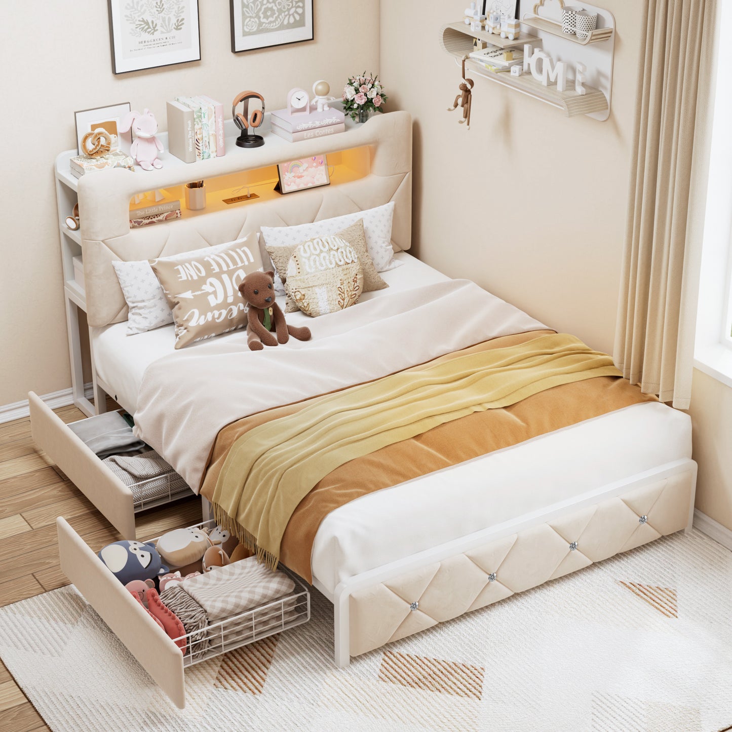 Anyact Full Bed Frame with 2-Tier Storage Headboard, Metal Platform Bed Frame with 2 Storage Drawers, Built in Charging Station & LED, Beige