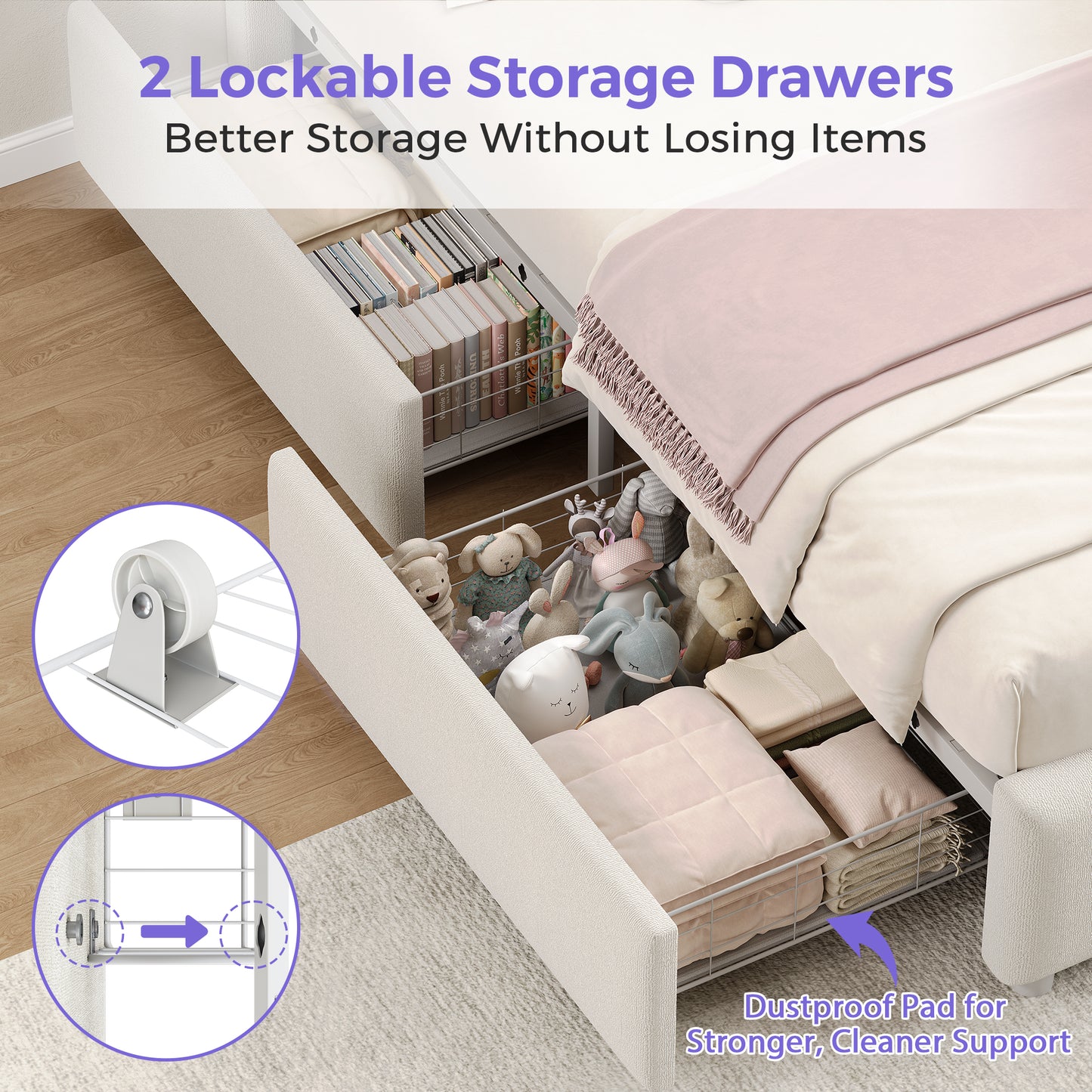 Anyact Full Size Bed Frame with 2 Storage Drawers, Removable Pillow, LED Light Platform Bed with Teddy Velvet Headboard, Beige