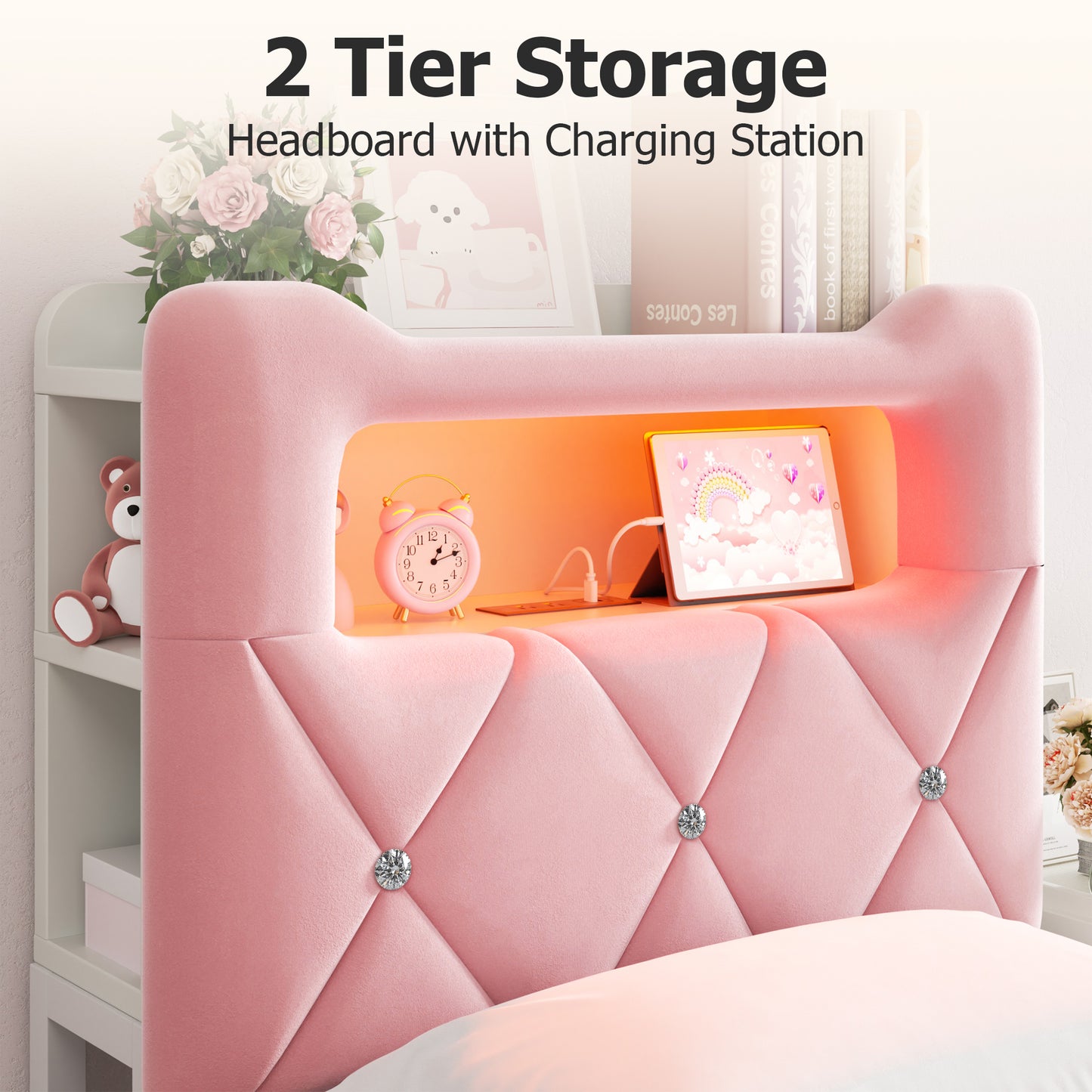 Vipuse Twin Bed Frame with 2-Tier Storage Headboard, Metal Platform Bed Frame with 2 Storage Drawers, Built in Charging Station & LED, Pink