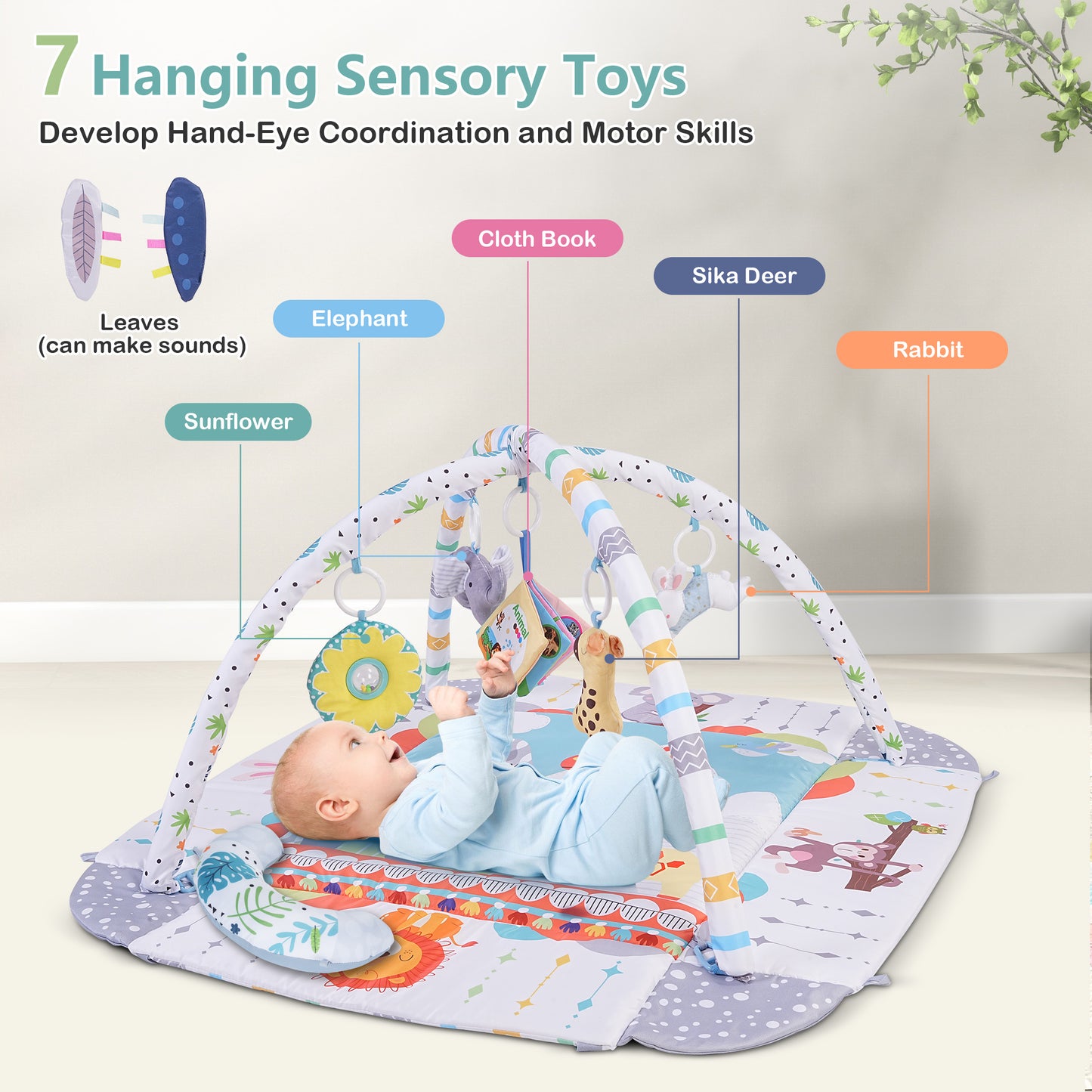 Minikid Baby Play Mat,Infant Floor Play Mat with 5 Sensory Toys,7 Ocean Balls,Baby Gym for Early Stage Based Sensory and Motor Skill Development for Infant