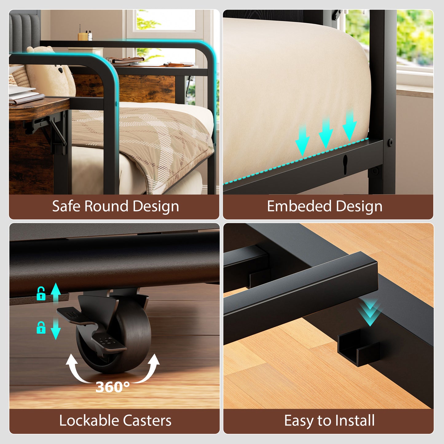 Hijob Daybed with Side Table/Charging Station/Upholstered Storage Headboard/LED Light/Pop-upTrundle, Industrial Heavy Duty Metal Twin Sofa Bed Frame for Guest Living Room/Bedroom,Black&Brown