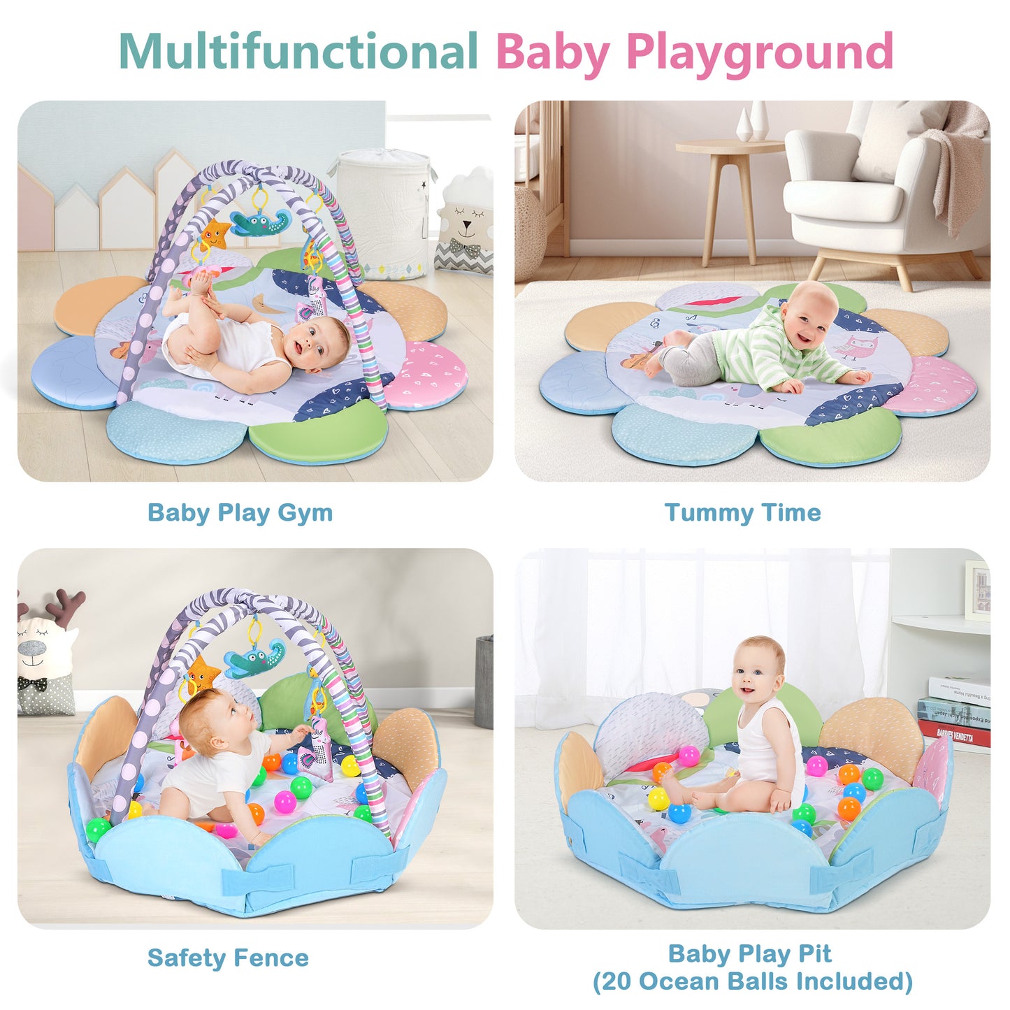Minikid Baby Play Gym,Baby Tummy Time Activity Mat with 5 Sensory Toys,20 Ocean Balls,Floor Crawling Mat for Early Stage-Based Sensory and Motor Skill Development for Infant