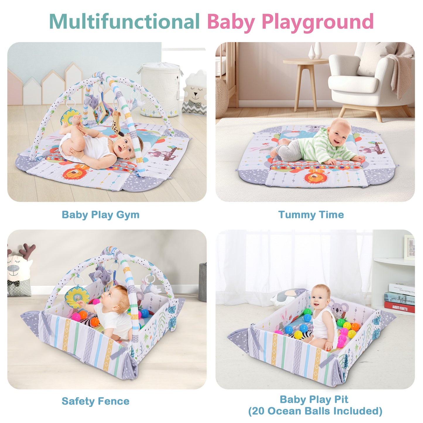 Minikid Baby Play Mat,Infant Floor Play Mat with 5 Sensory Toys,7 Ocean Balls,Baby Gym for Early Stage Based Sensory and Motor Skill Development for Infant