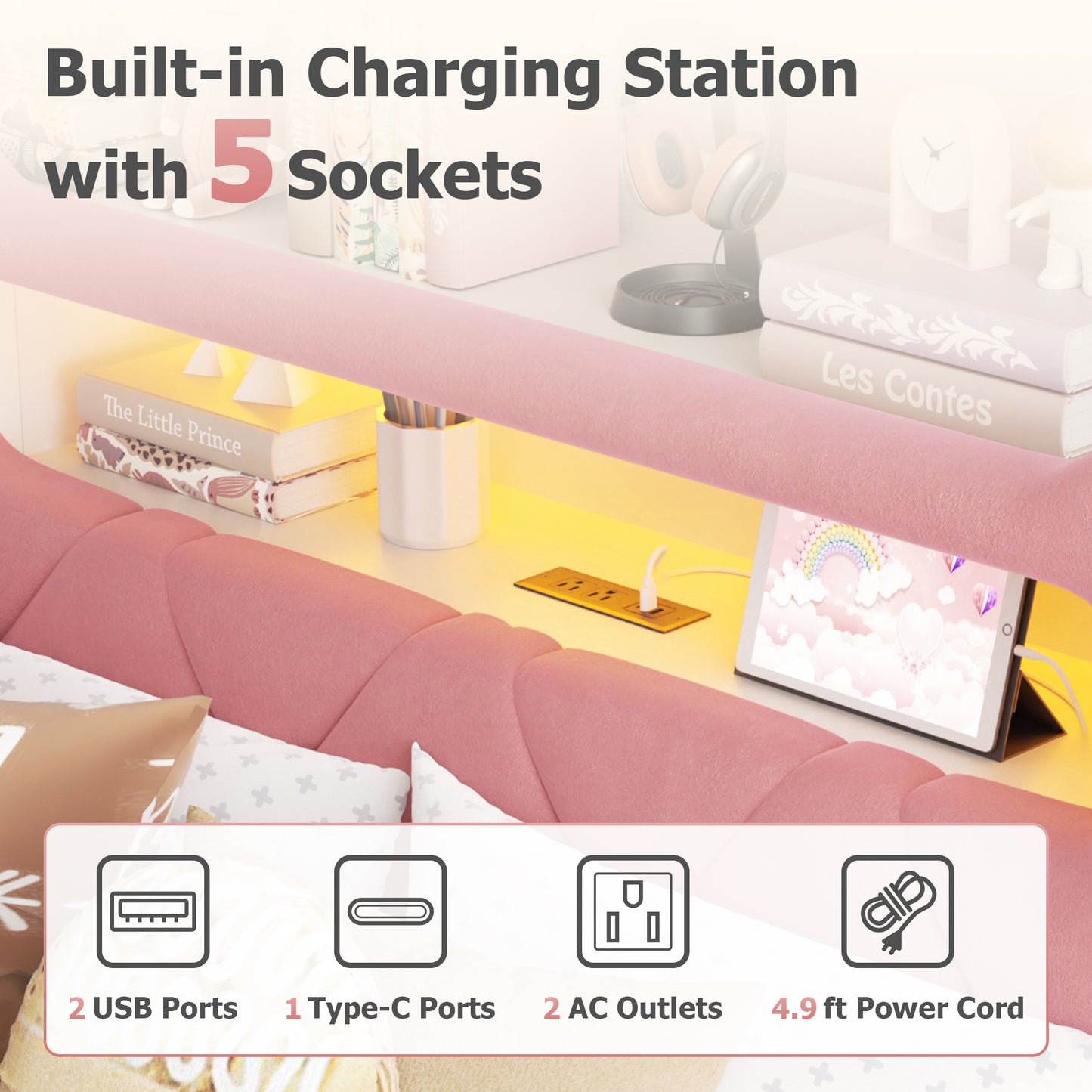 Anyact Full Bed Frame with 2-Tier Storage Headboard, Metal Platform Bed Frame with 2 Storage Drawers, Built in Charging Station & LED, Pink