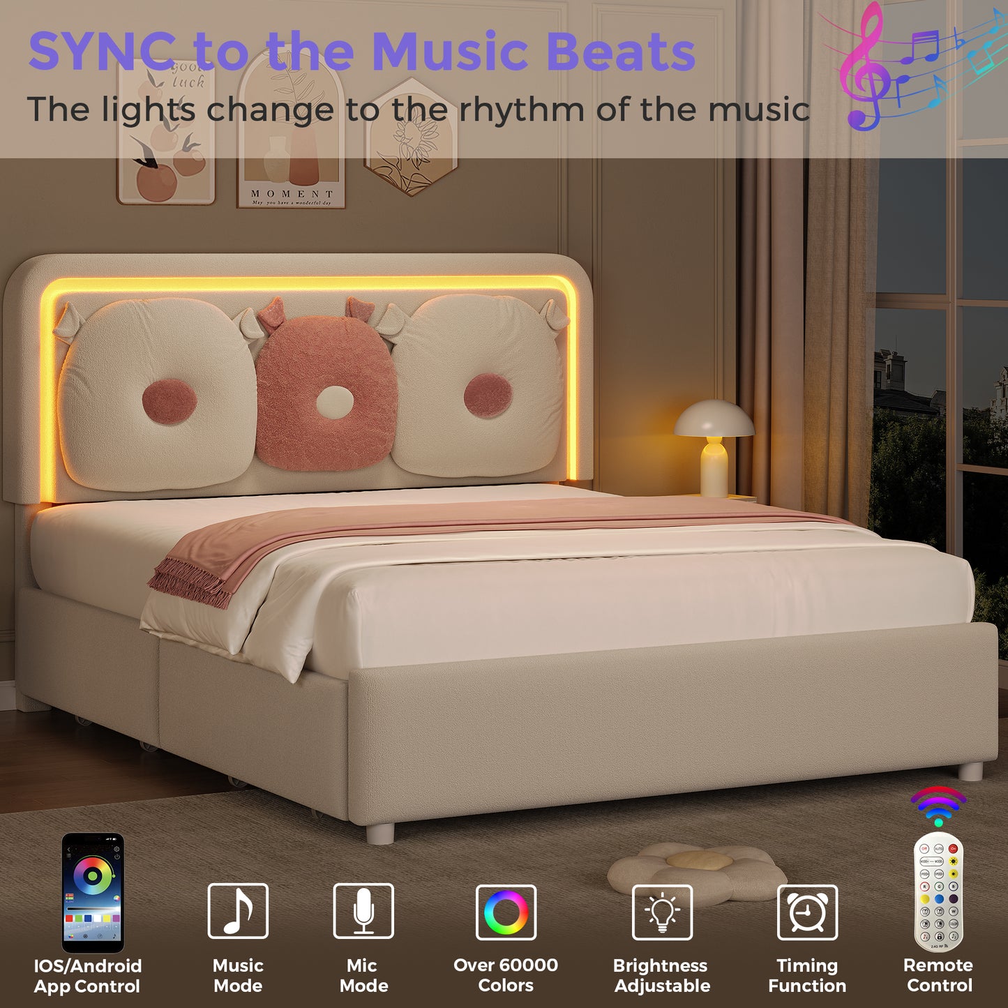 Anyact Full Size Bed Frame with 2 Storage Drawers, Removable Pillow, LED Light Platform Bed with Teddy Velvet Headboard, Beige