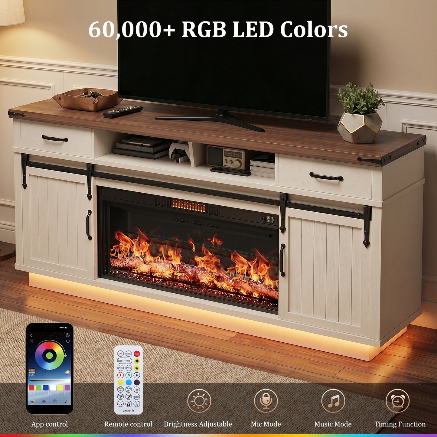 HiJob Electric Fireplace TV Stand for TVs up to 80", 36" Fireplace Farmhouse Entertainment Center with RGB LED Lights